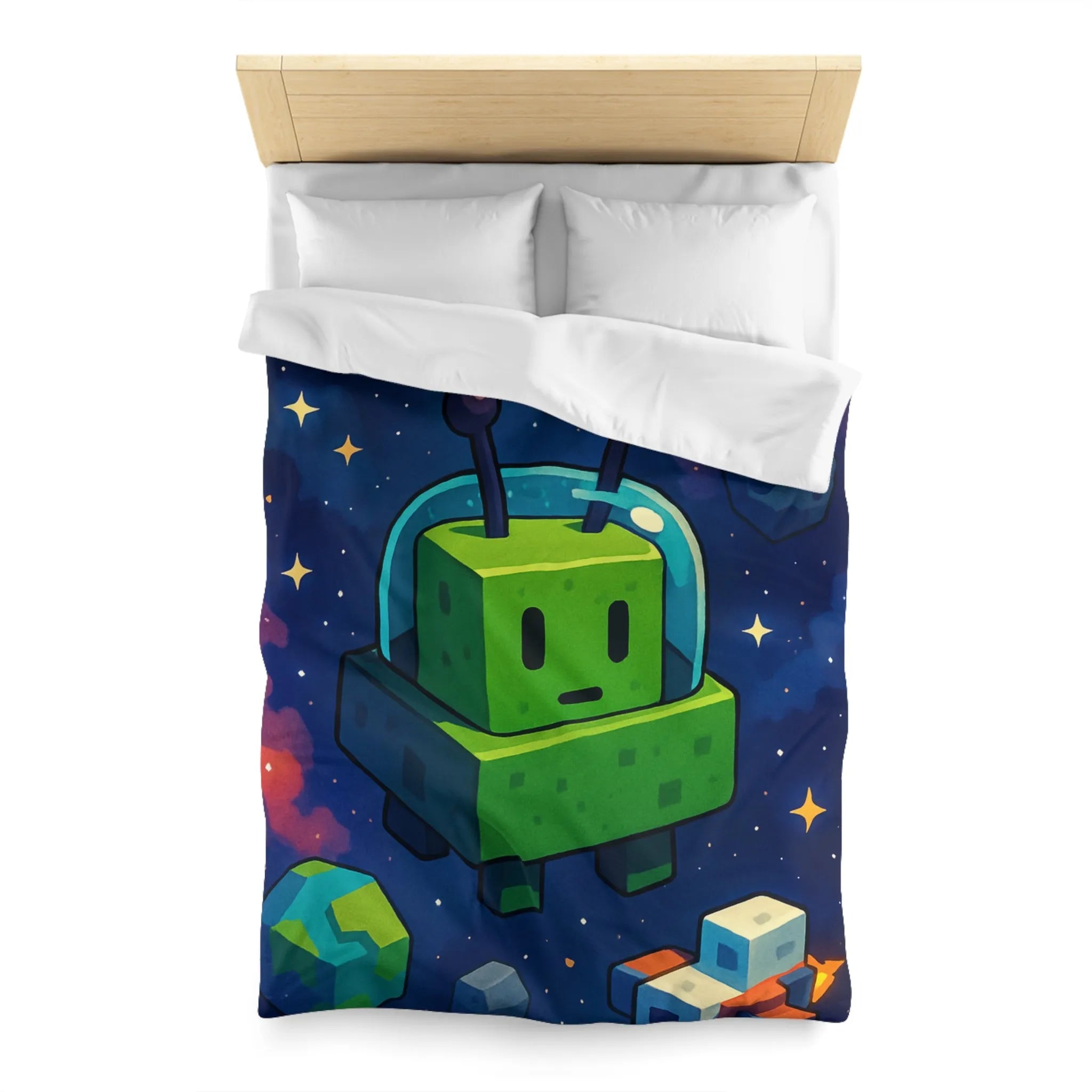 Housse de Couette Cosmos mignon extraterrestre vert cubique et planètes pixelisées