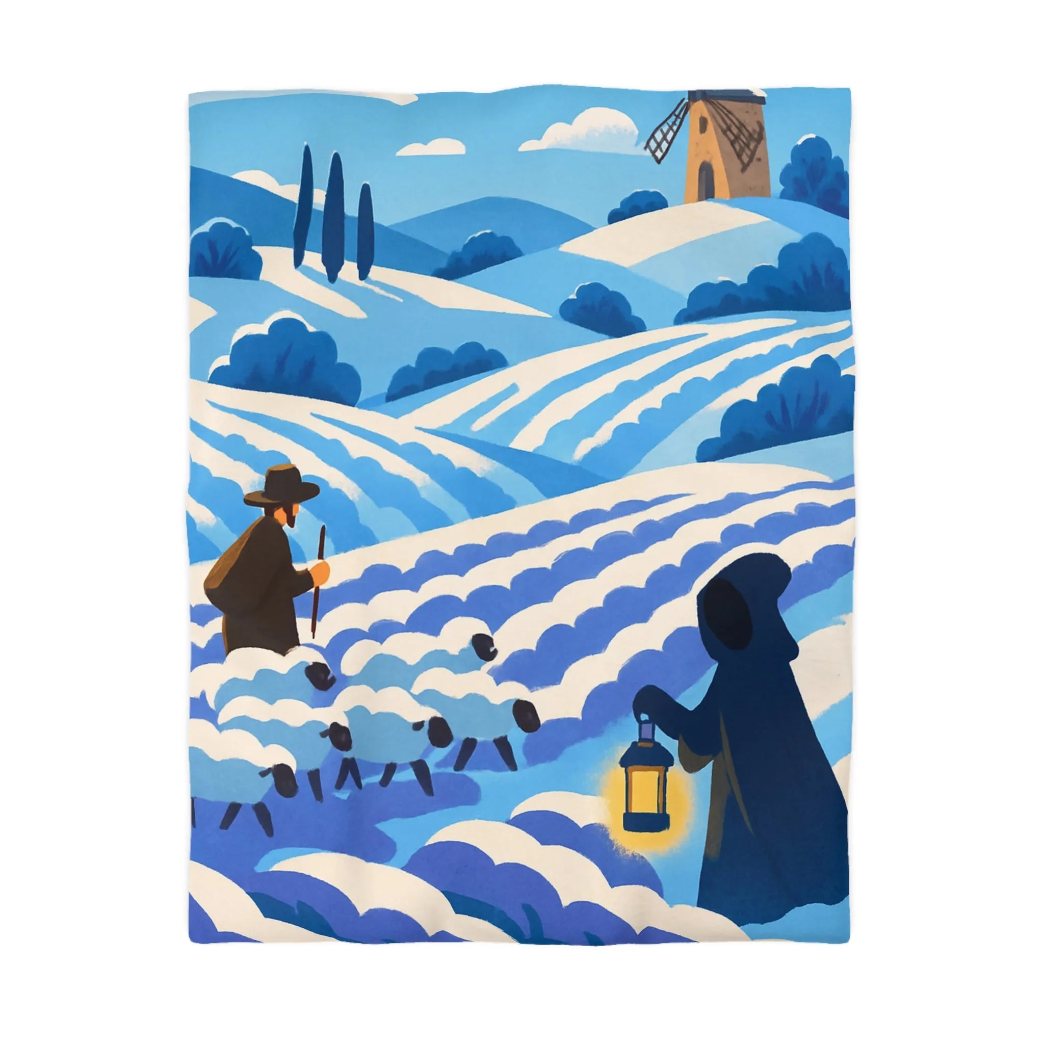 Housse de couette champêtre avec berger, moutons et moulin dans un paysage rêveur