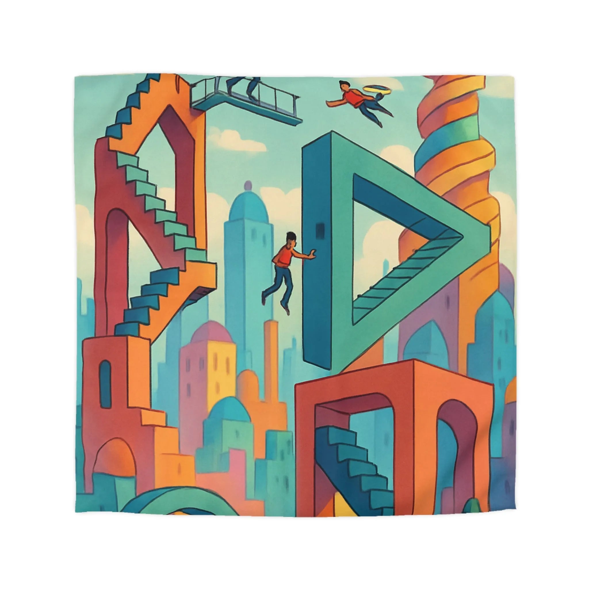 Housse de couette design moderne avec escalier flottant et ciel surréaliste coloré