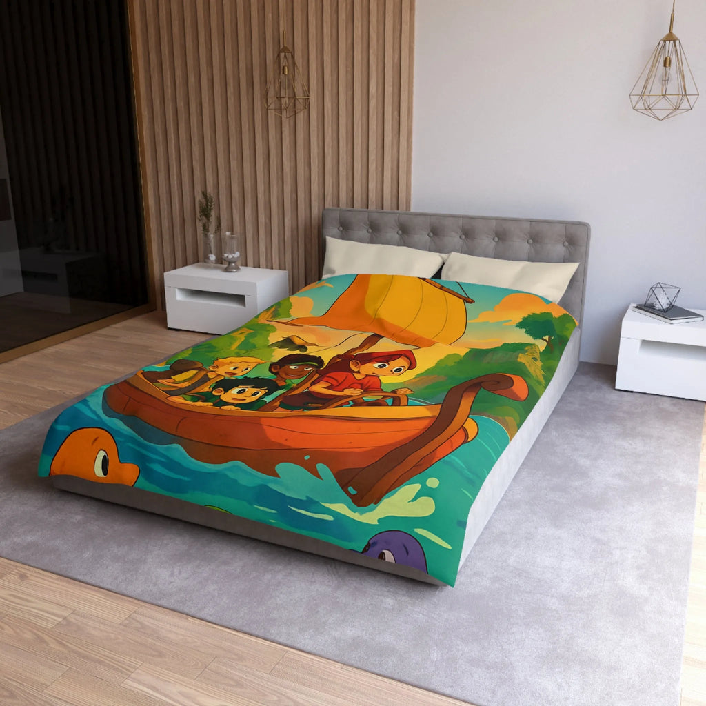 Housse de couette enfantine avec bateau, amis et animaux marins, ambiance tropicale vive