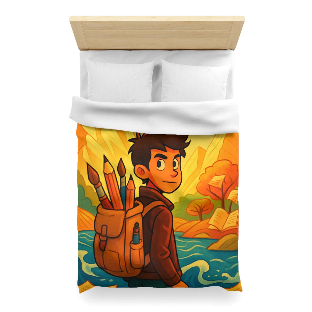 Housse de couette artistique colorée avec paysage lumineux et personnage aventureux dessiné