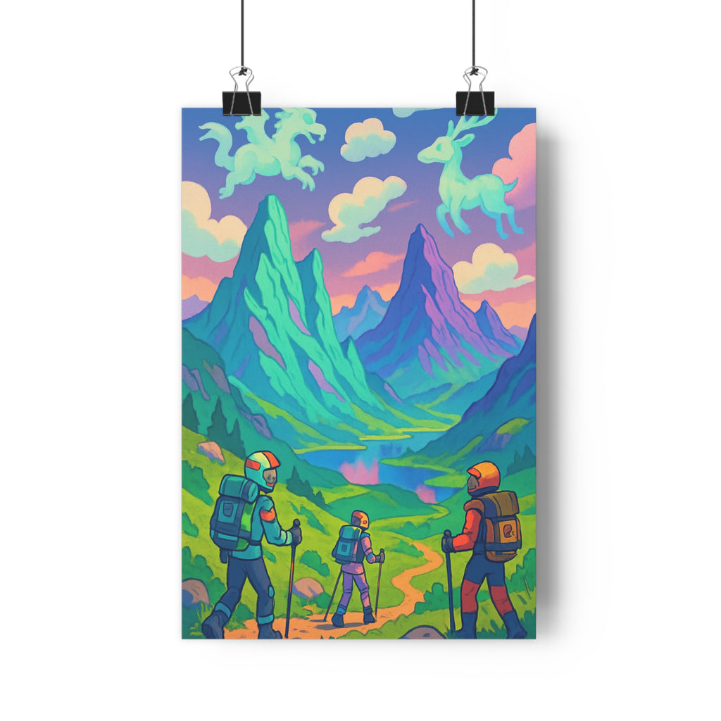 Poster décoratif surréaliste bleu vert rose montagnes aventure salon bureau nature 30x46 captivant qualité