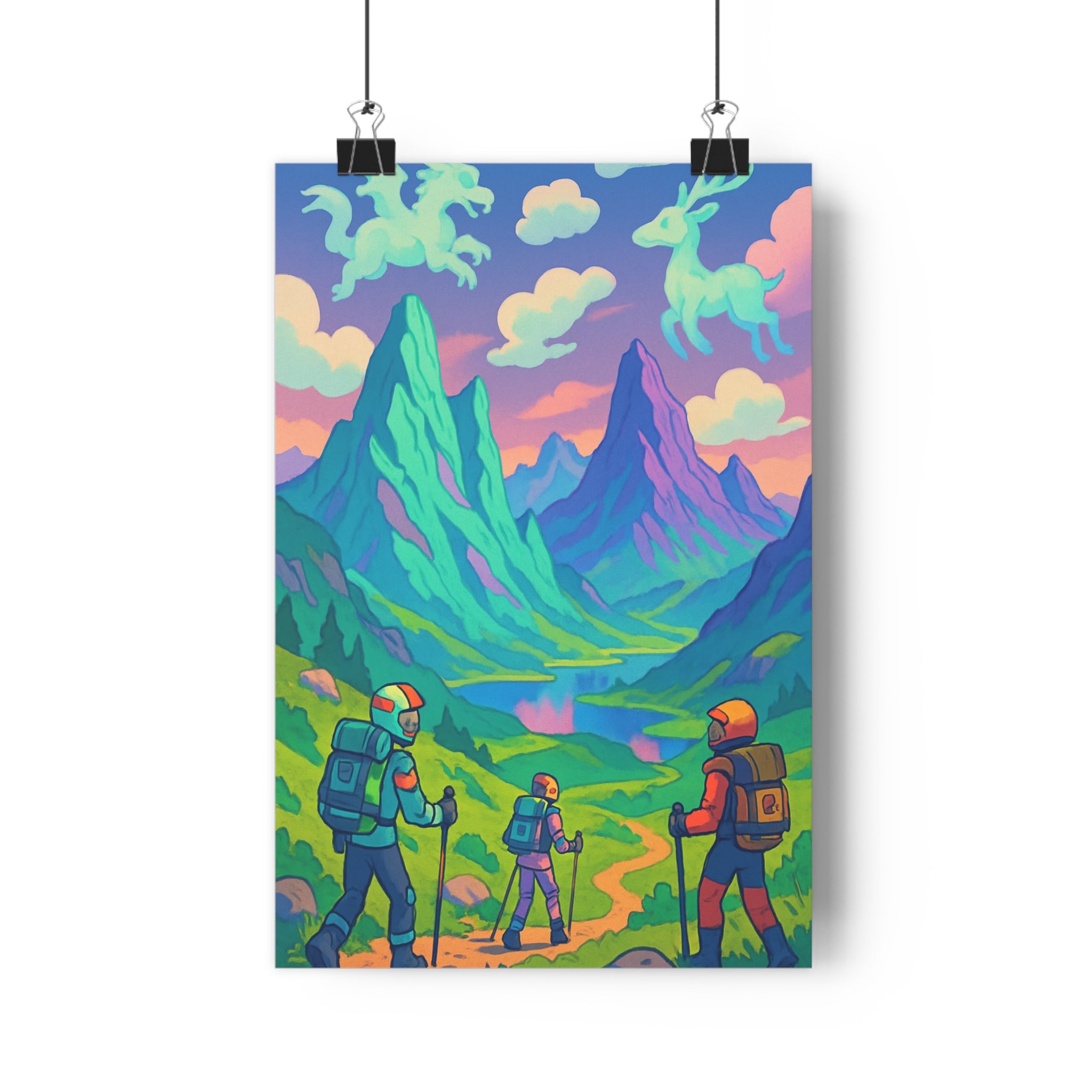 Poster décoratif surréaliste bleu vert rose montagnes aventure salon bureau nature 30x46 captivant qualité