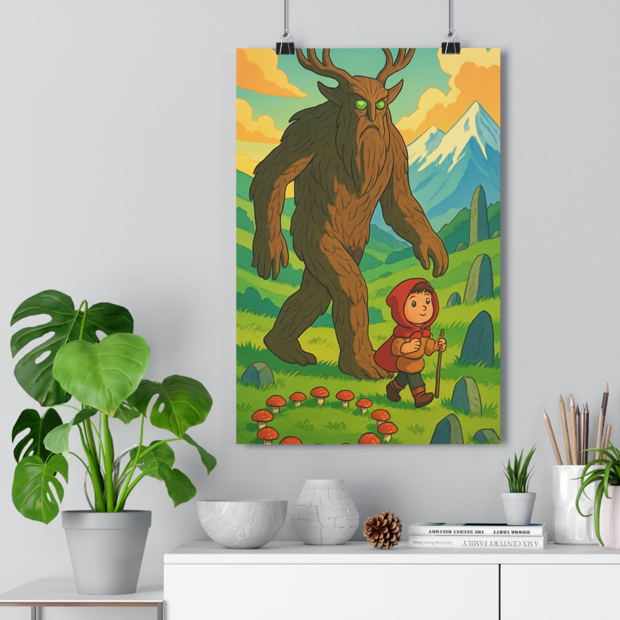 Poster décoratif fantastique rouge vert enfant mystique chambre salon aventure nature magique intemporel montagne