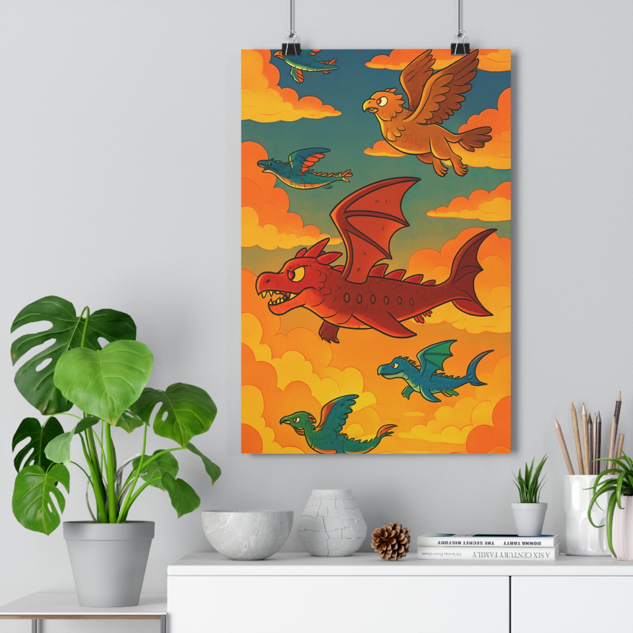 Poster décoratif fantastique dragon rouge oiseaux colorés ciel ensoleillé cartoon vibrant salon chambre aventure