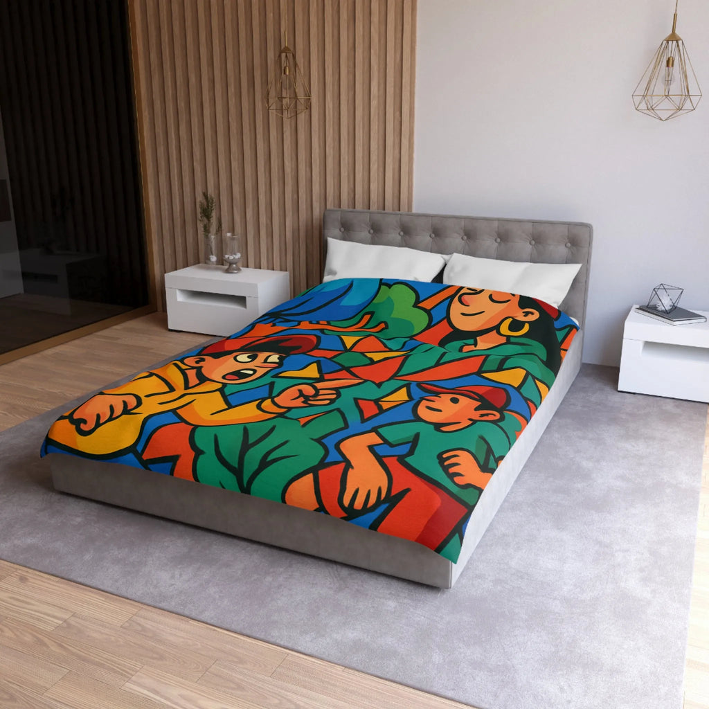 Housse de couette colorée avec design vibrant, oiseaux et figures humaines animées