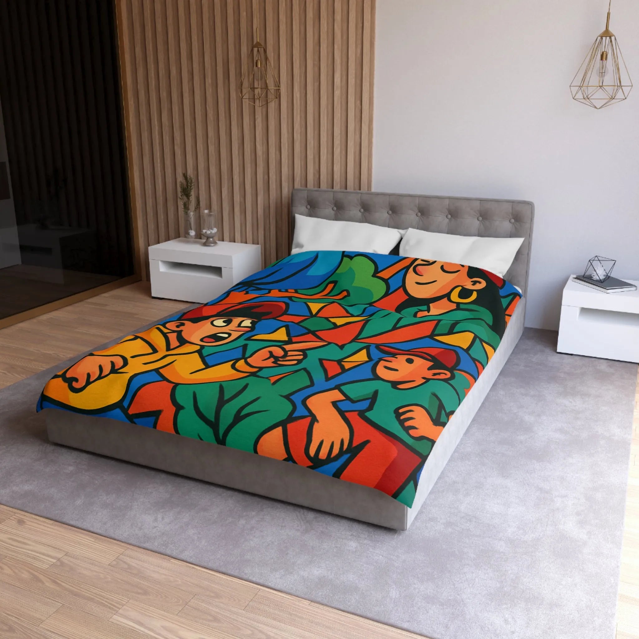 Housse de couette colorée avec design vibrant, oiseaux et figures humaines animées