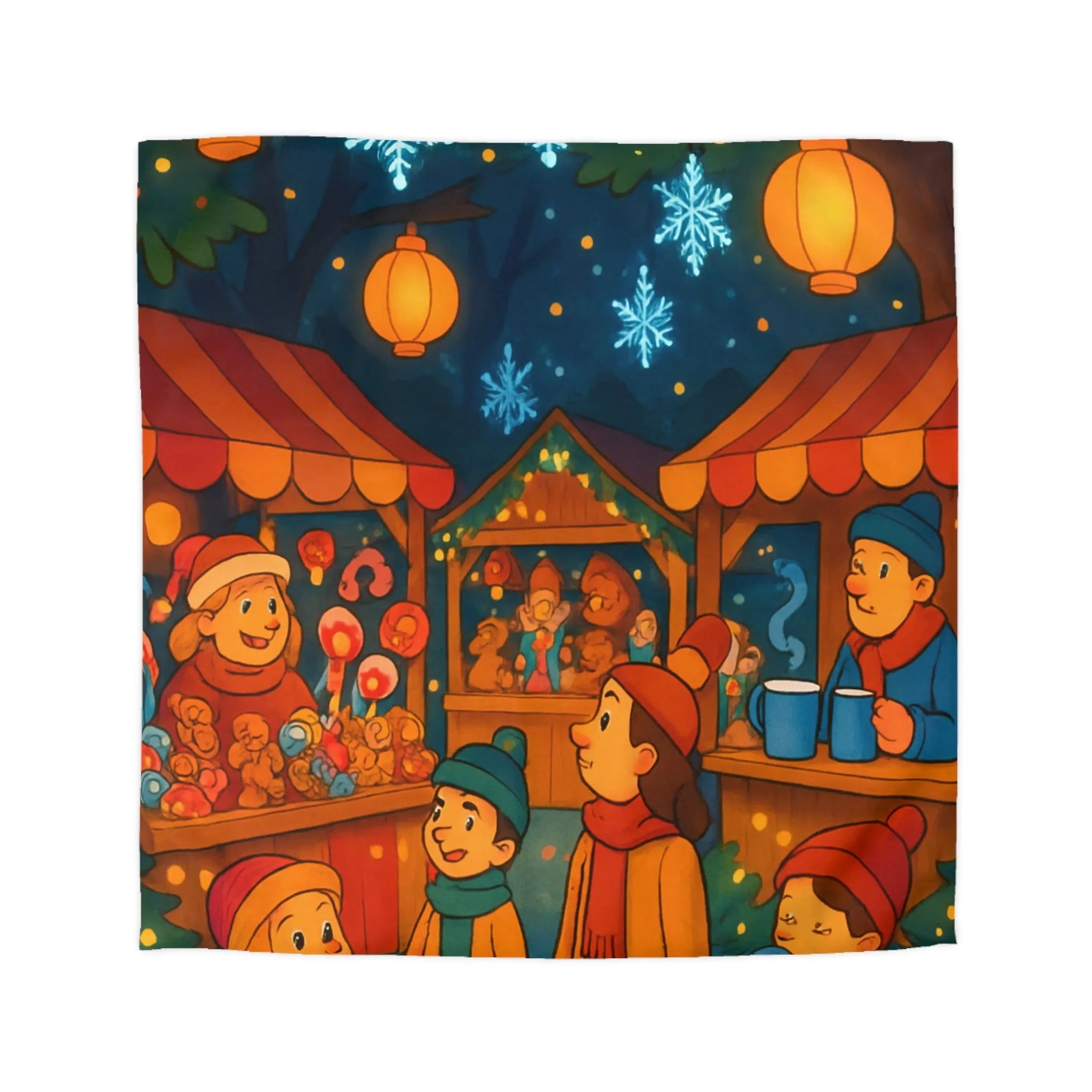 Housse de Couette Enfantine avec Scène Festive de Marché de Noël Illuminé et Joyeux