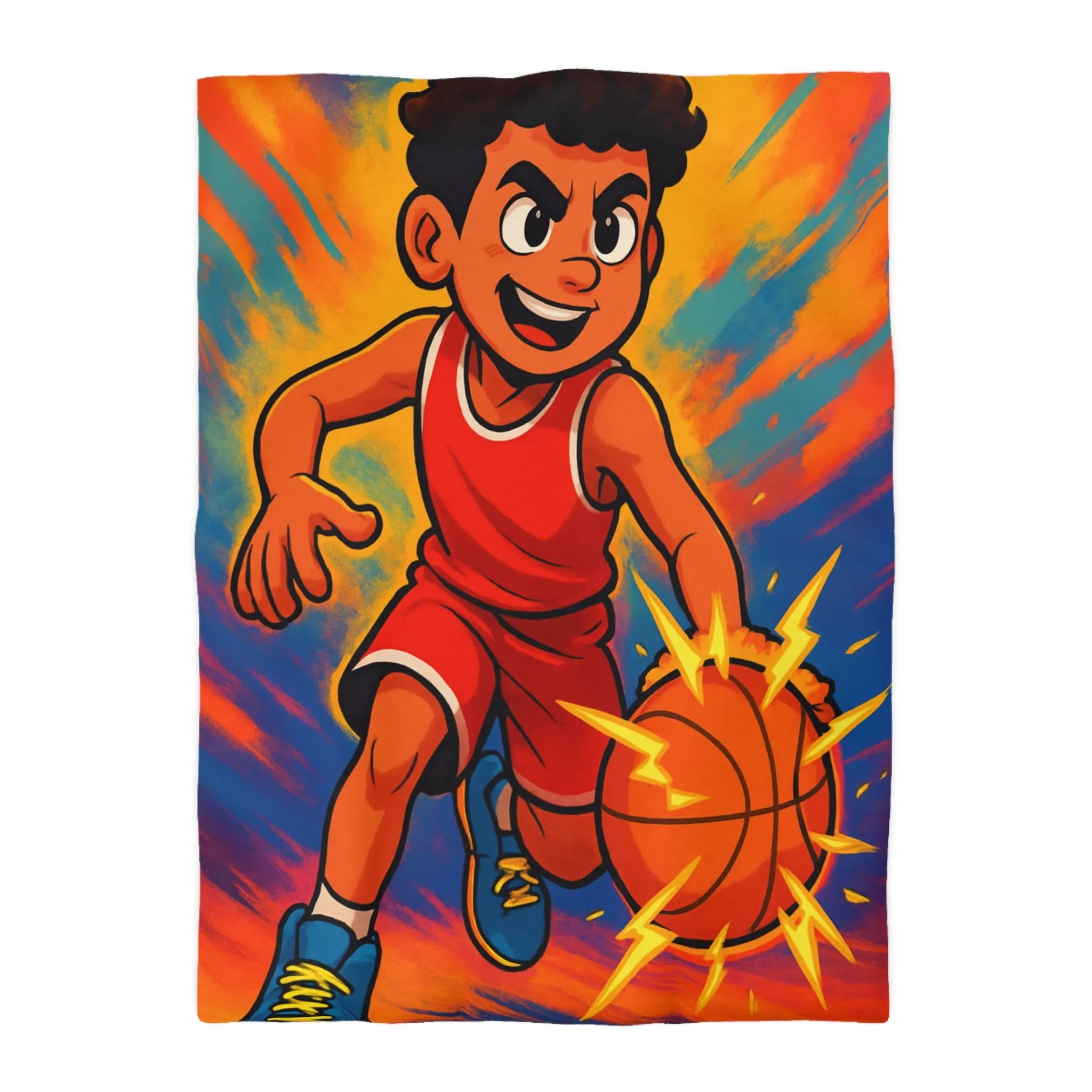 Couette Basketball Dynamique Colorée avec Enfant en Action Rétro Éclaboussures Électriques