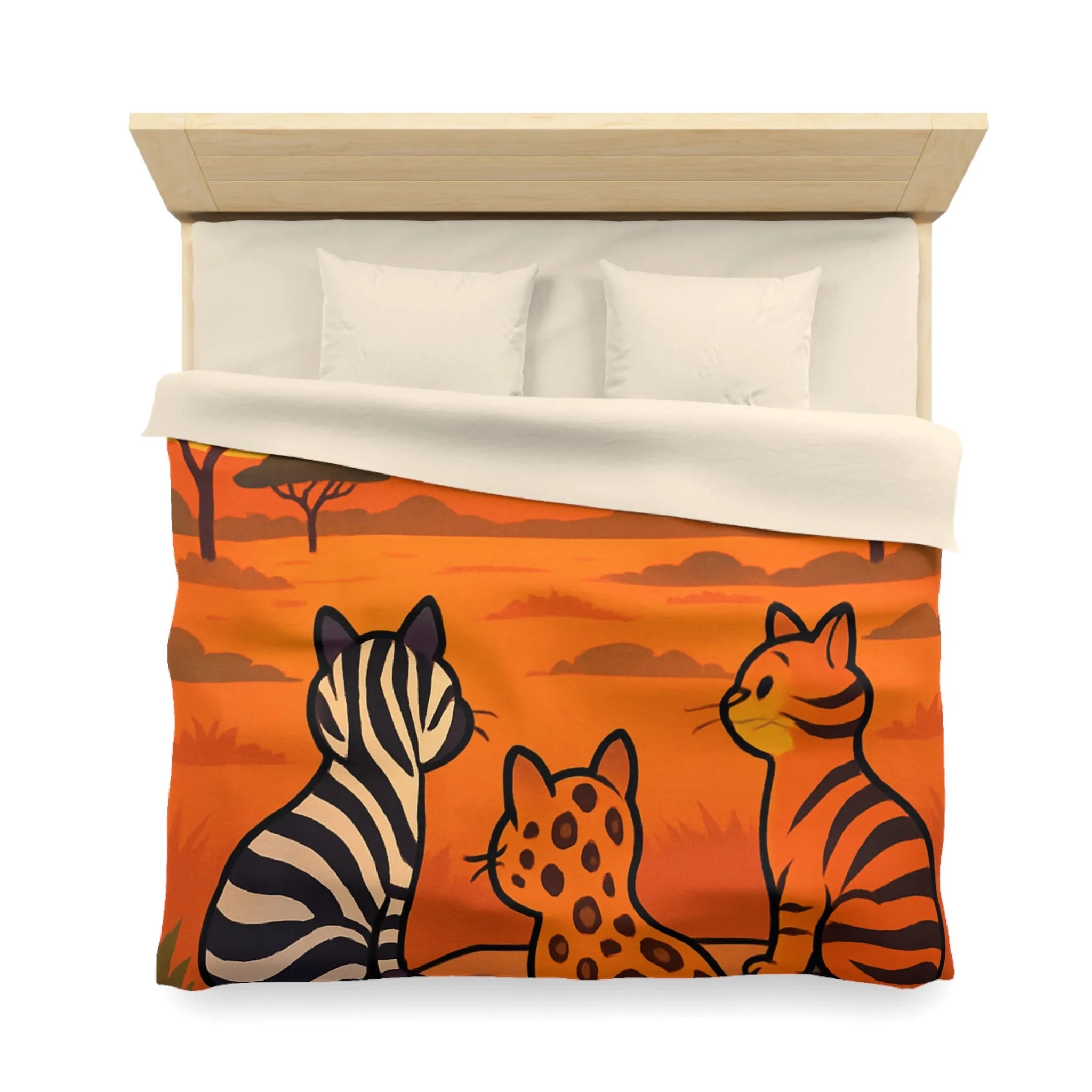 Housse de Couette avec Chats Sauvages Observant le Coucher de Soleil en Savane Africaine