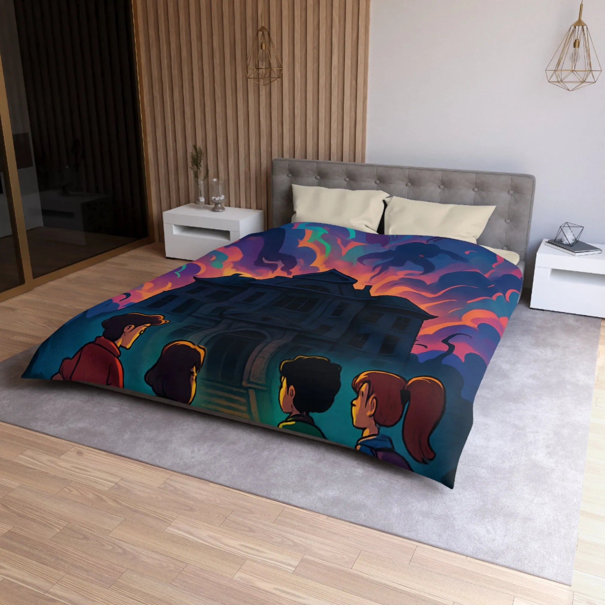 Housse de couette colorée avec maison hantée et nuages effrayants pour chambre inspirée