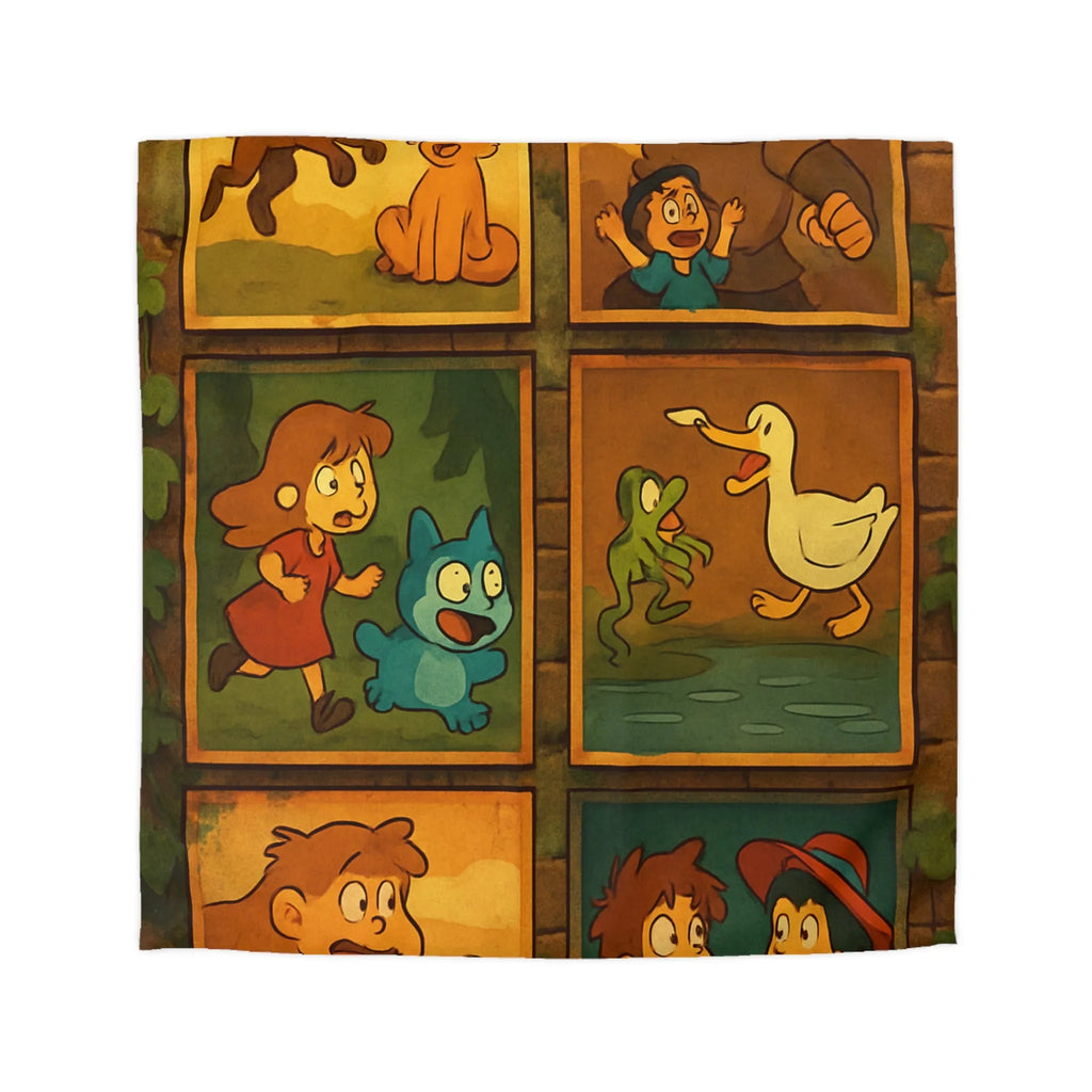 Housse de couette illustrée de scènes animées animalières et humaines ludiques et colorées