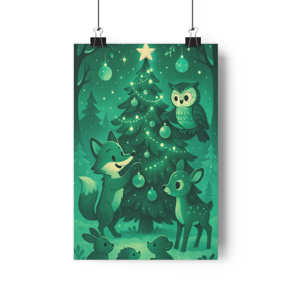 Poster décoratif forêt magique vert conte fées animaux joyeux chambre enfant ambiance enchantée sapin