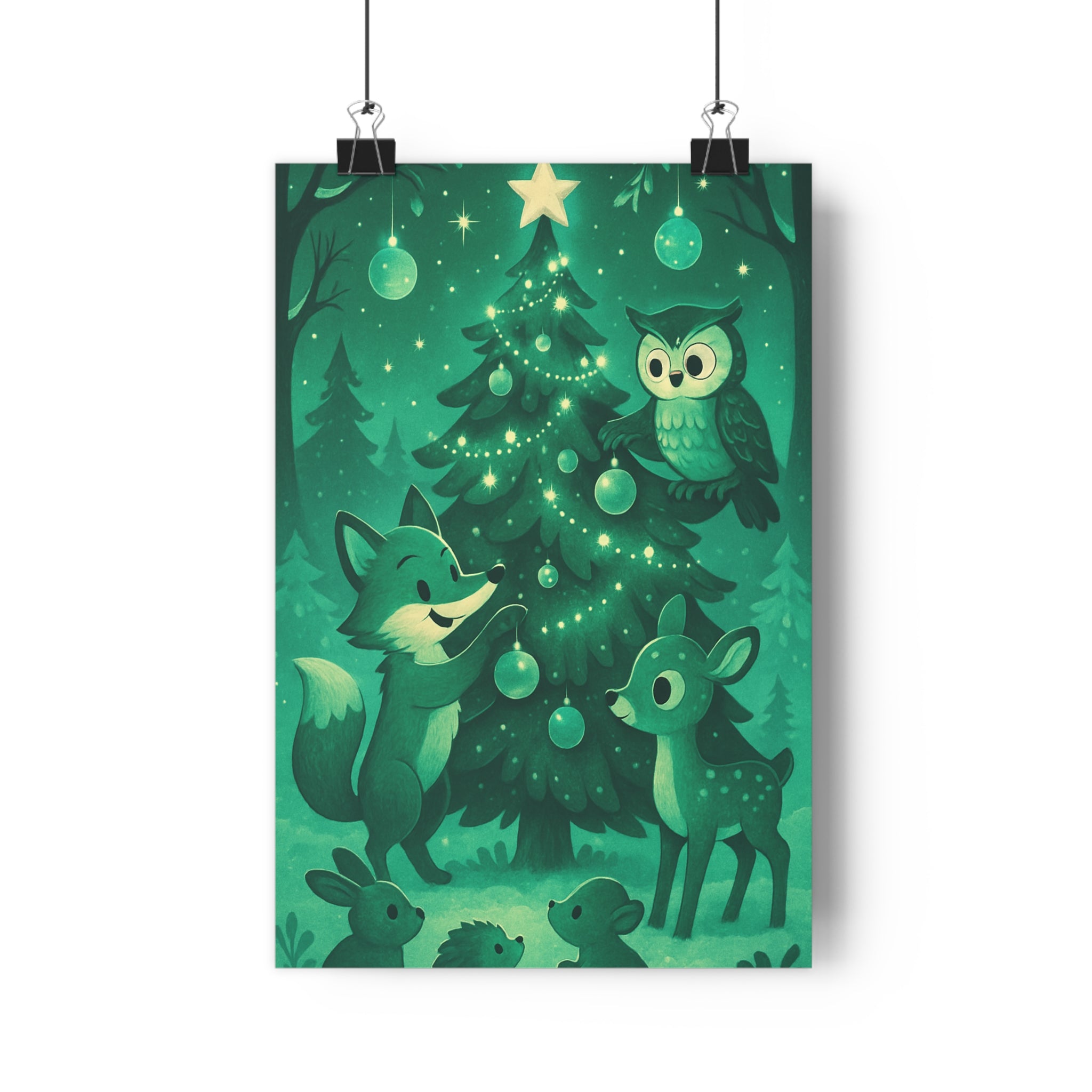 Poster décoratif forêt magique vert conte fées animaux joyeux chambre enfant ambiance enchantée sapin