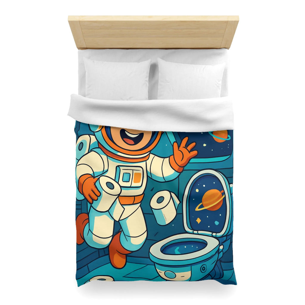 Housse de couette avec astronaute joyeux en cabine spatiale avec rouleaux flottants