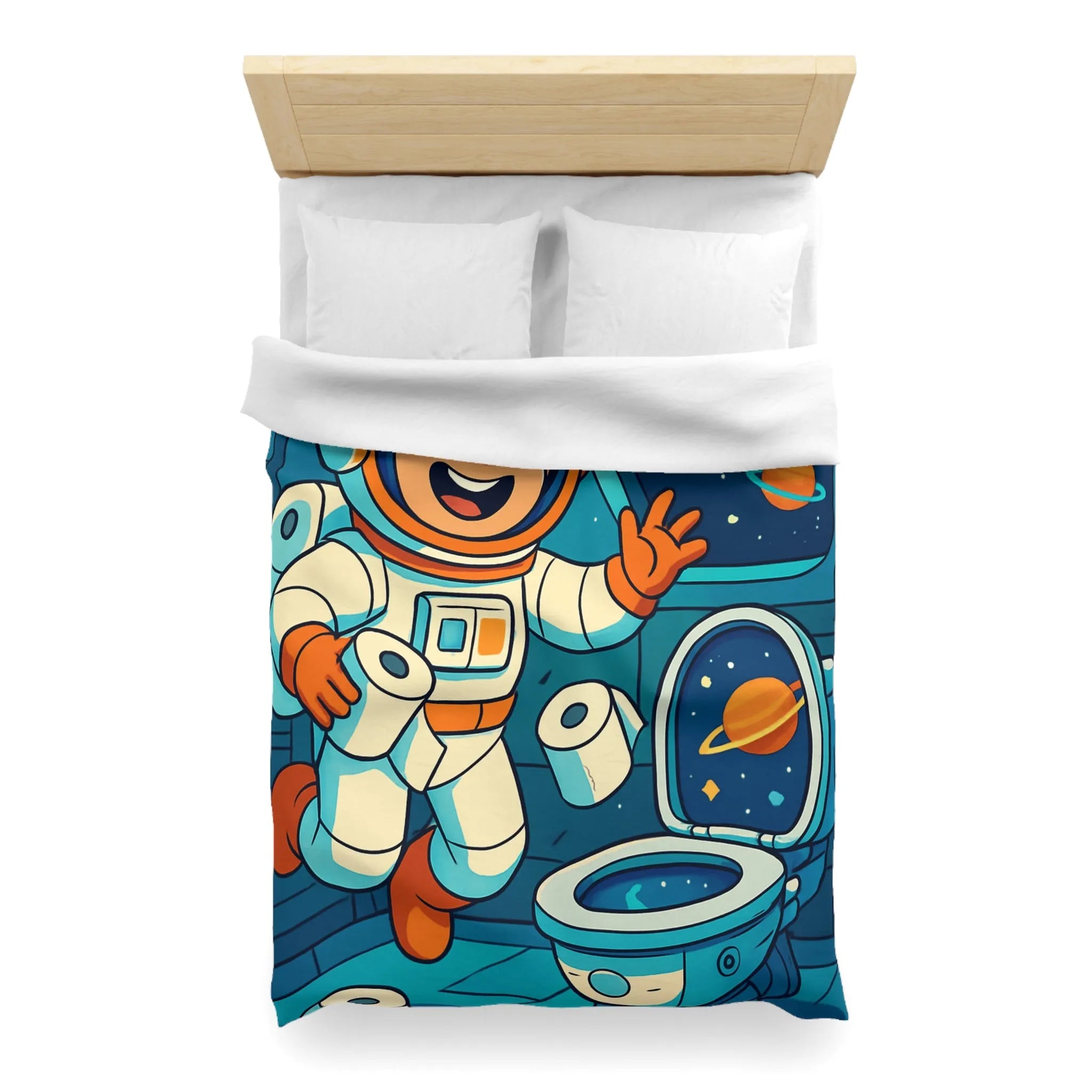 Housse de couette avec astronaute joyeux en cabine spatiale avec rouleaux flottants