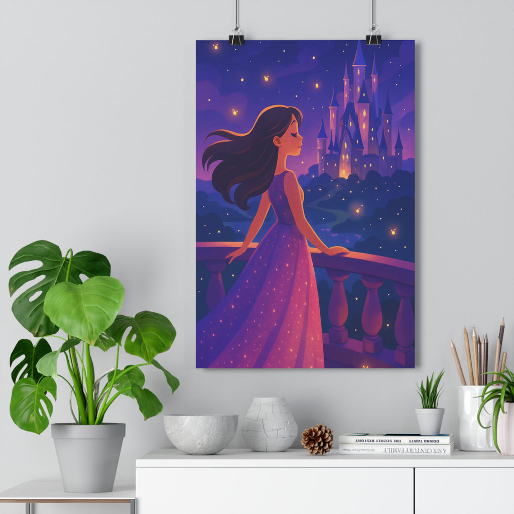 Poster décoratif cartoon violet bleu féerique chambre enfant princesse château lumineux majestueux enchanté balcon