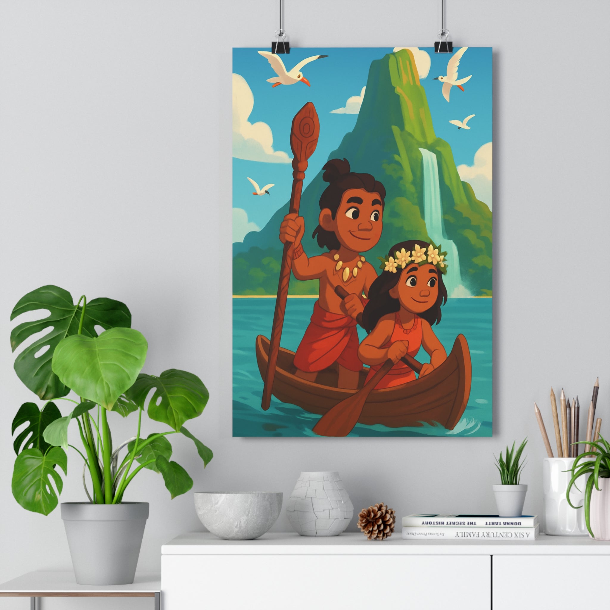 Poster décoratif cartoon vibrant aventure turquoise vert joyeux salon chambre enfant cascade nature oiseaux