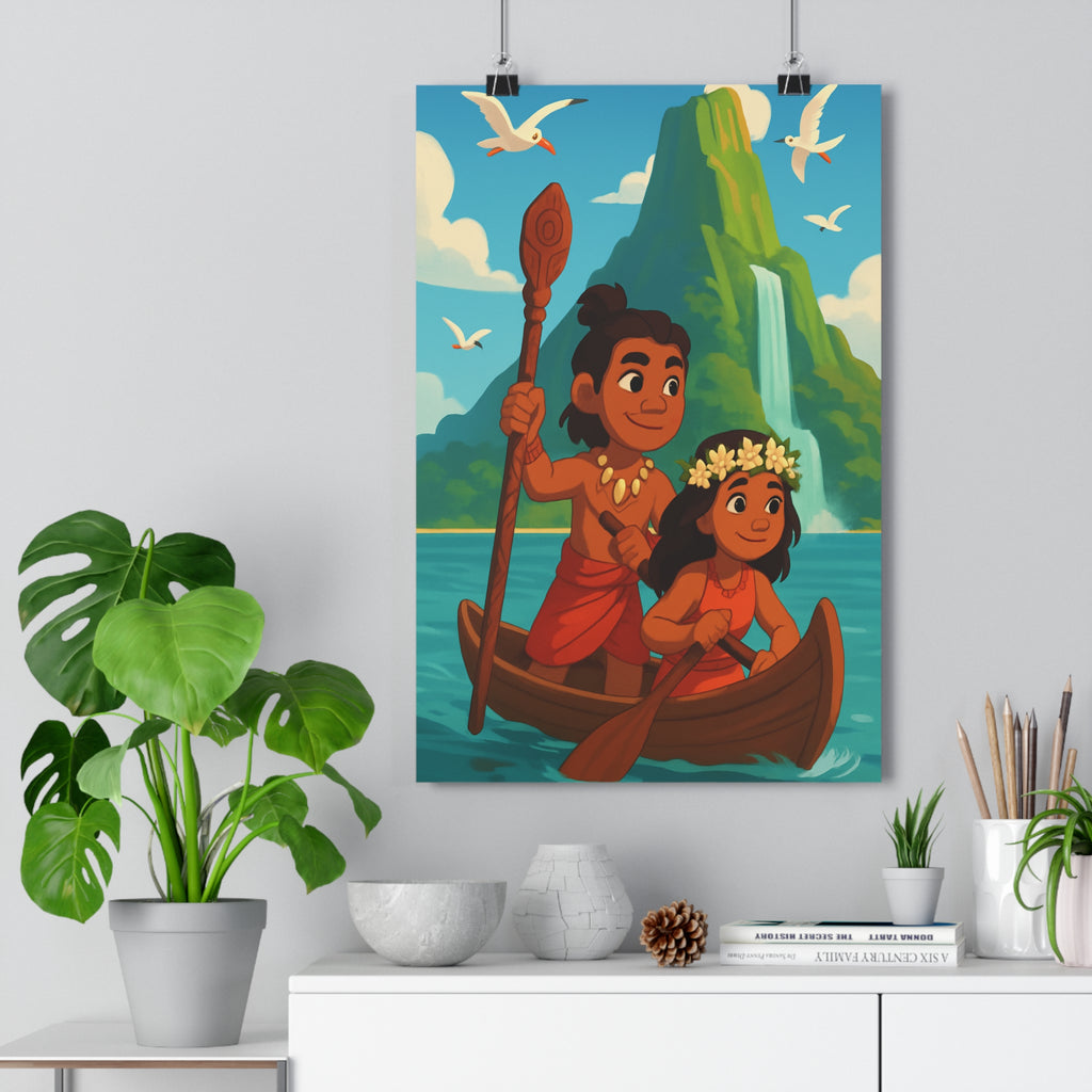 Poster décoratif cartoon turquoise vert joyeux aventure salon enfant vibrant nature cascade montagne qualité