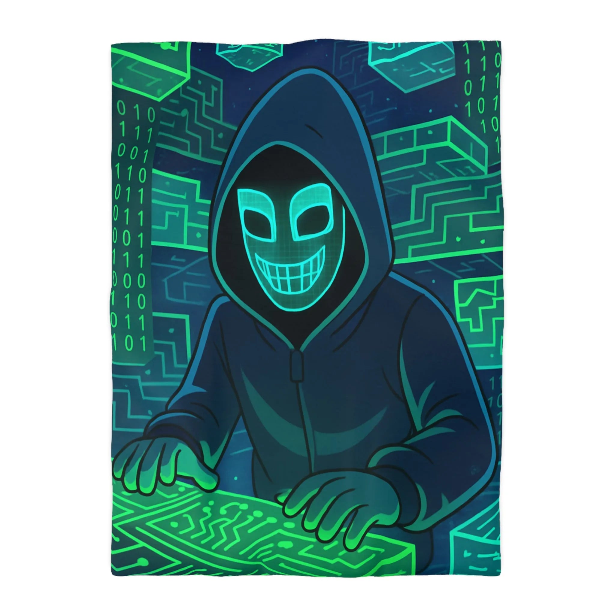 Housse de couette cyberpunk avec motif de hacker masqué et circuit numérique lumineux