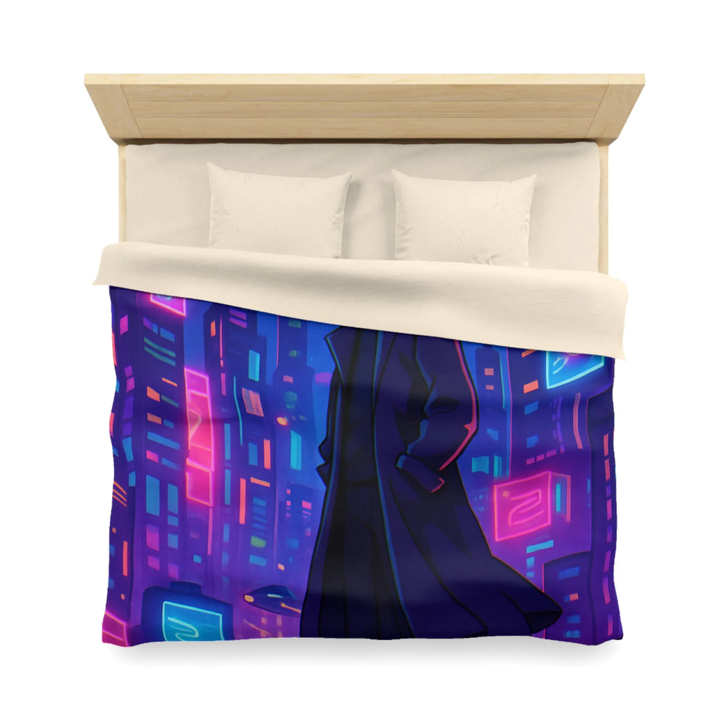 Housse de couette en néon futuriste avec personnage mystérieux et skyline cyberpunk