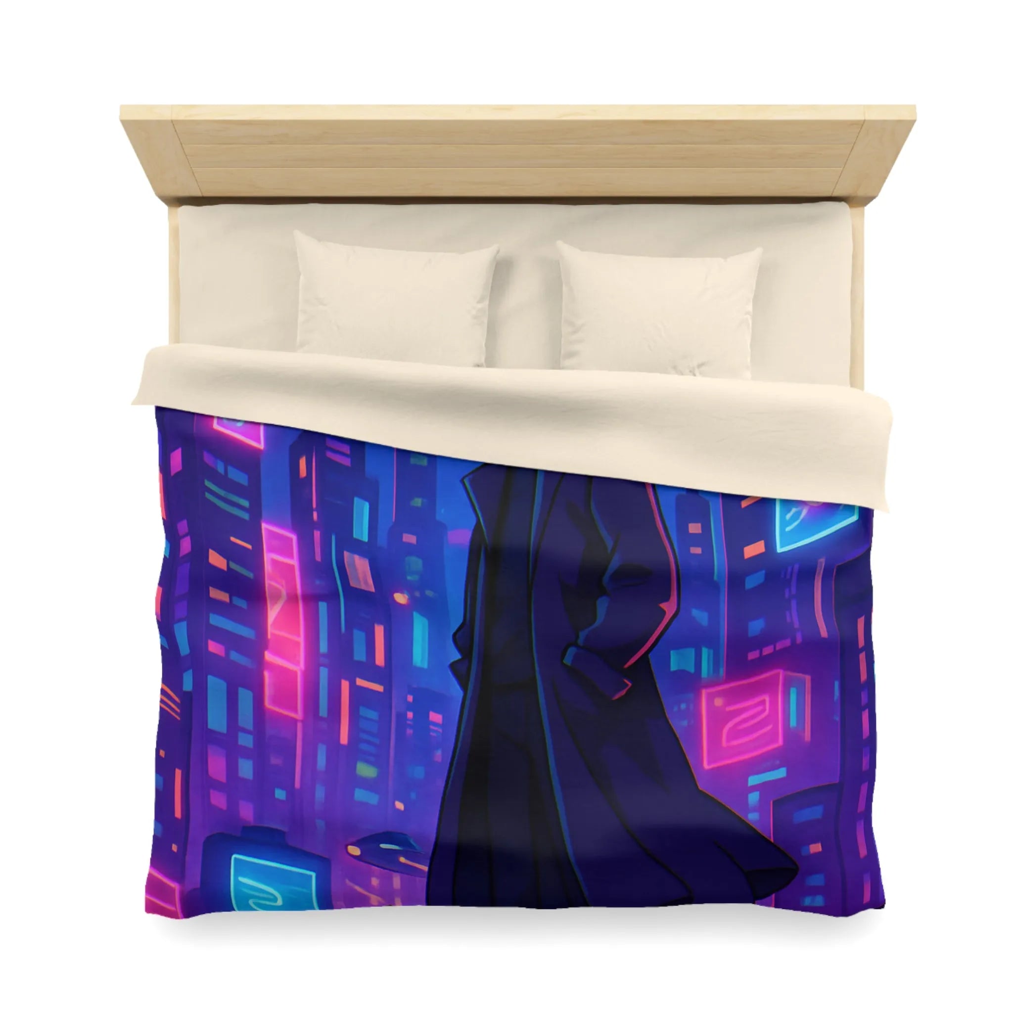 Housse de couette en néon futuriste avec personnage mystérieux et skyline cyberpunk