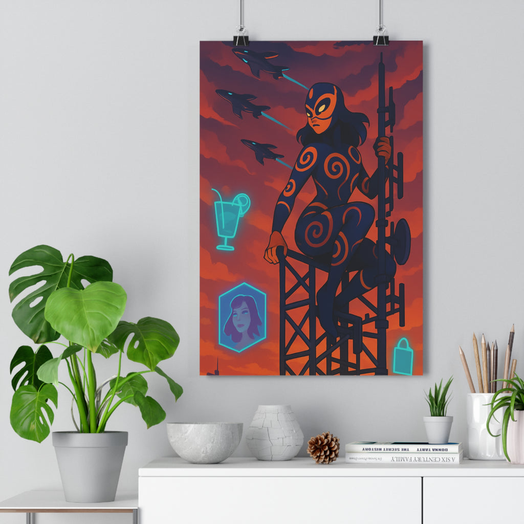 Poster décoratif crépuscule bleu orange dynamique moderne salon ambiance futuriste figure costumée unique qualité