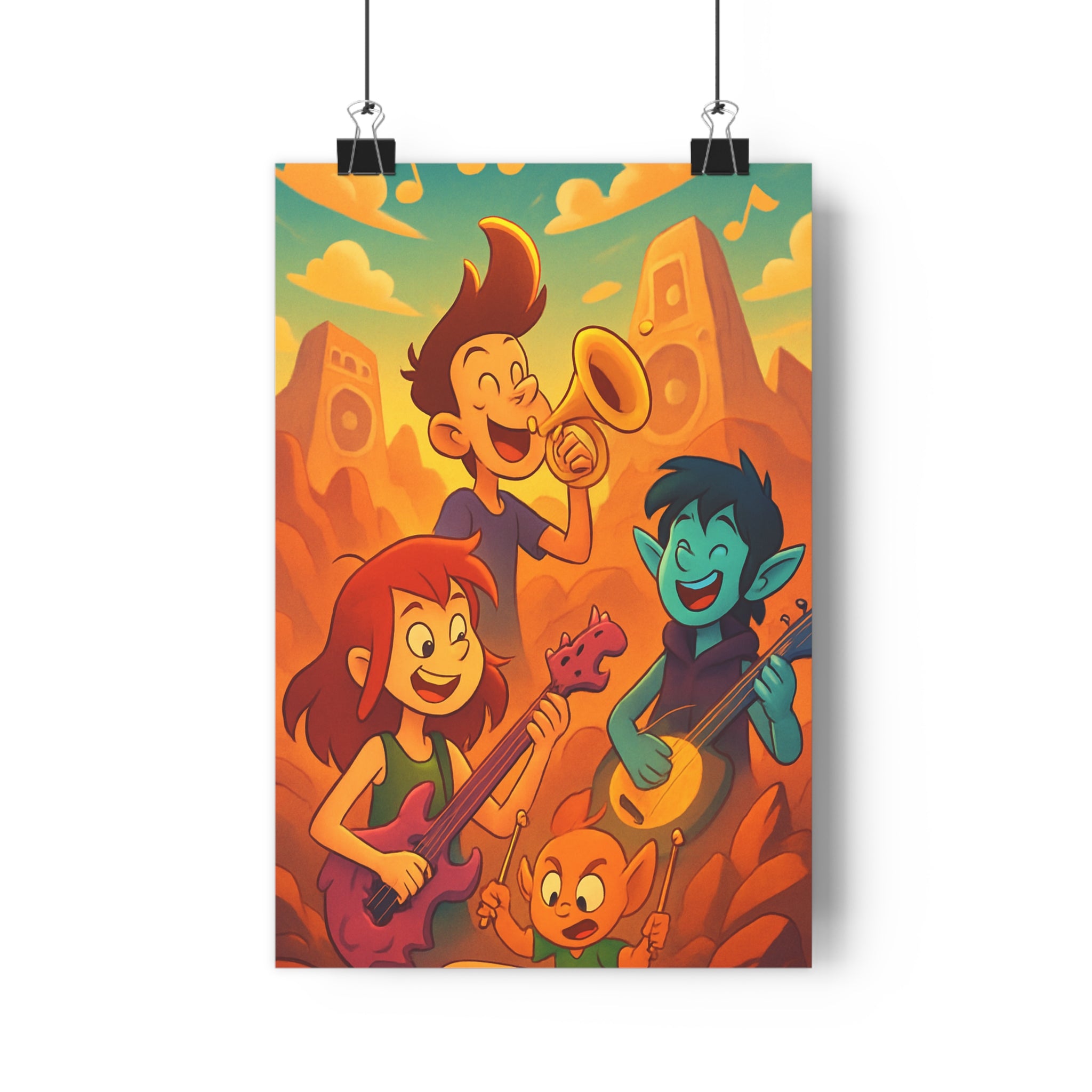 Poster décoratif cartoon coloré terreux doré joyeux chambre enfant personnage musique trompette guitare banjo