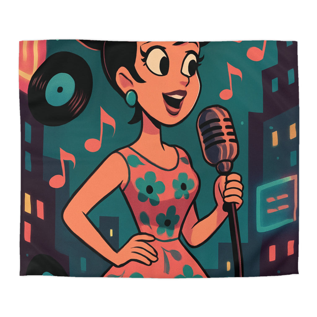 Housse de Couette Vintage Femme en Robe à Fleurs Chante Microphone Musique.