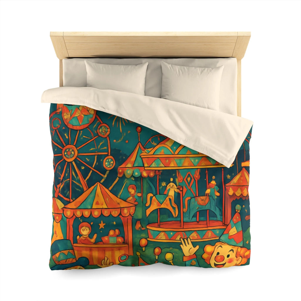 Housse de Couette Enfantine Colorée Fête Foraine avec Manège et Clowns Heureux