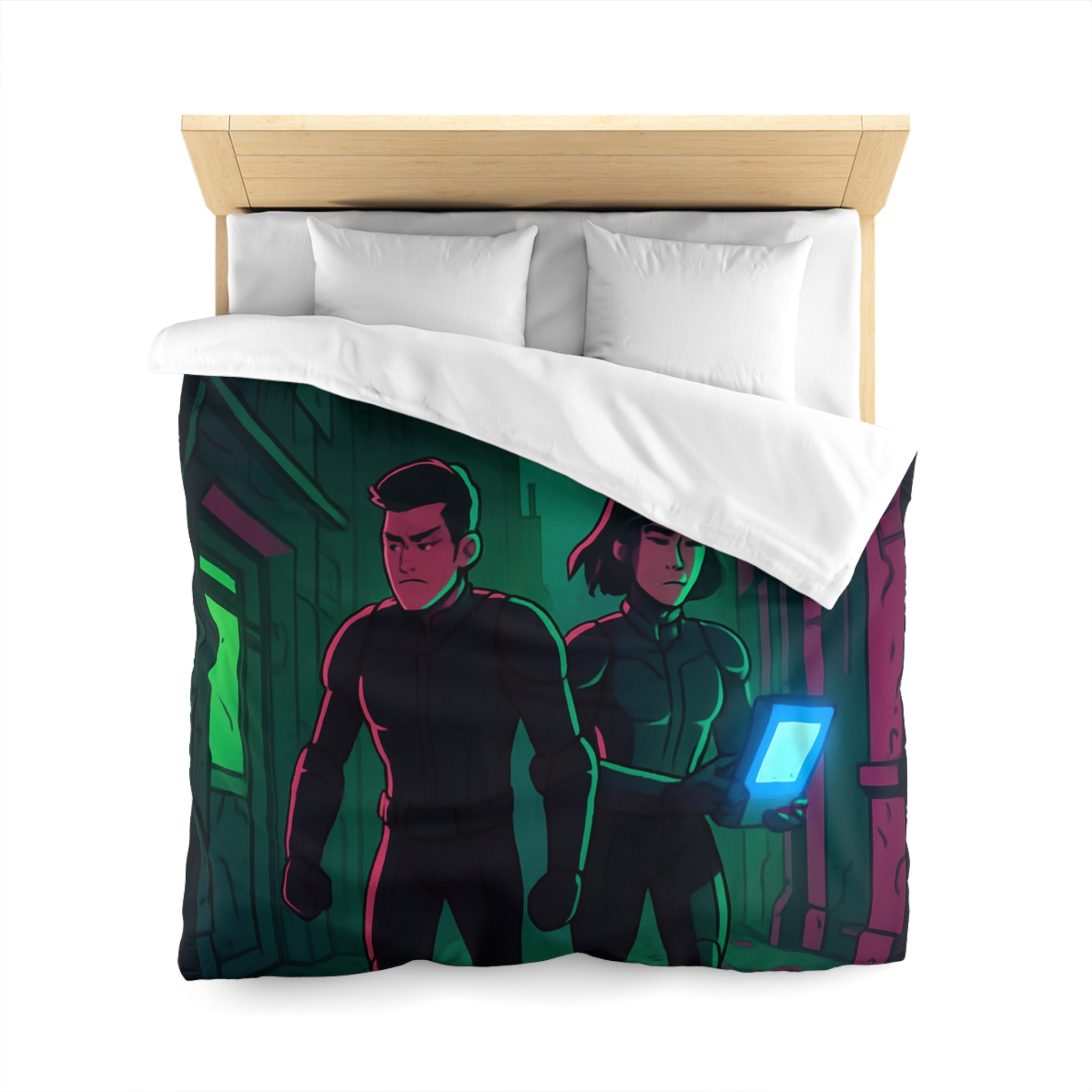 Housse de couette motif espionnage futuriste avec drones dans une ruelle mystérieuse