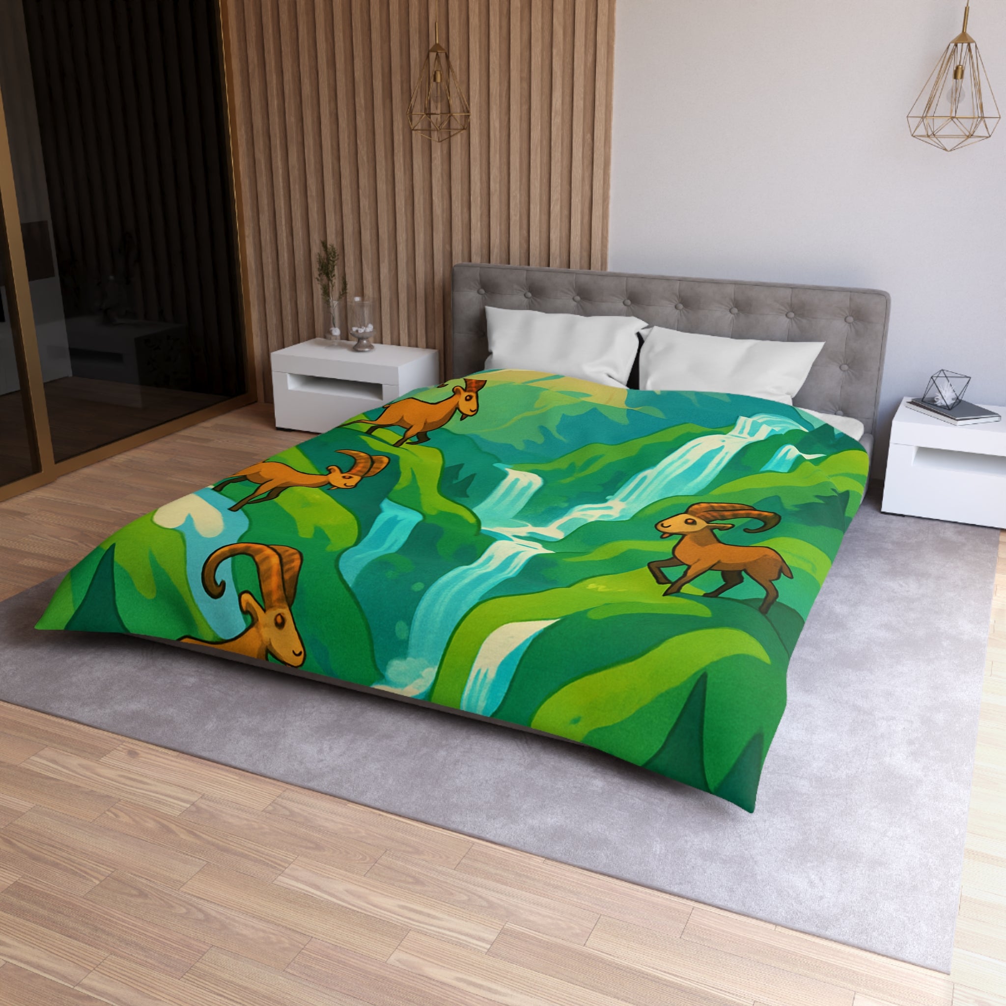 Housse de couette montagneuse avec bouquetins et cascades pour chambre paisible