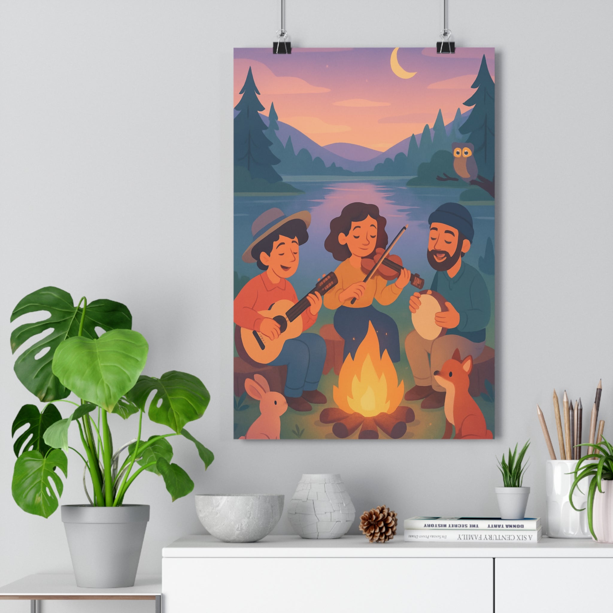 Poster décoratif cartoon musiciens feu nature violet orange ambiance détente chambre salon moderne qualité
