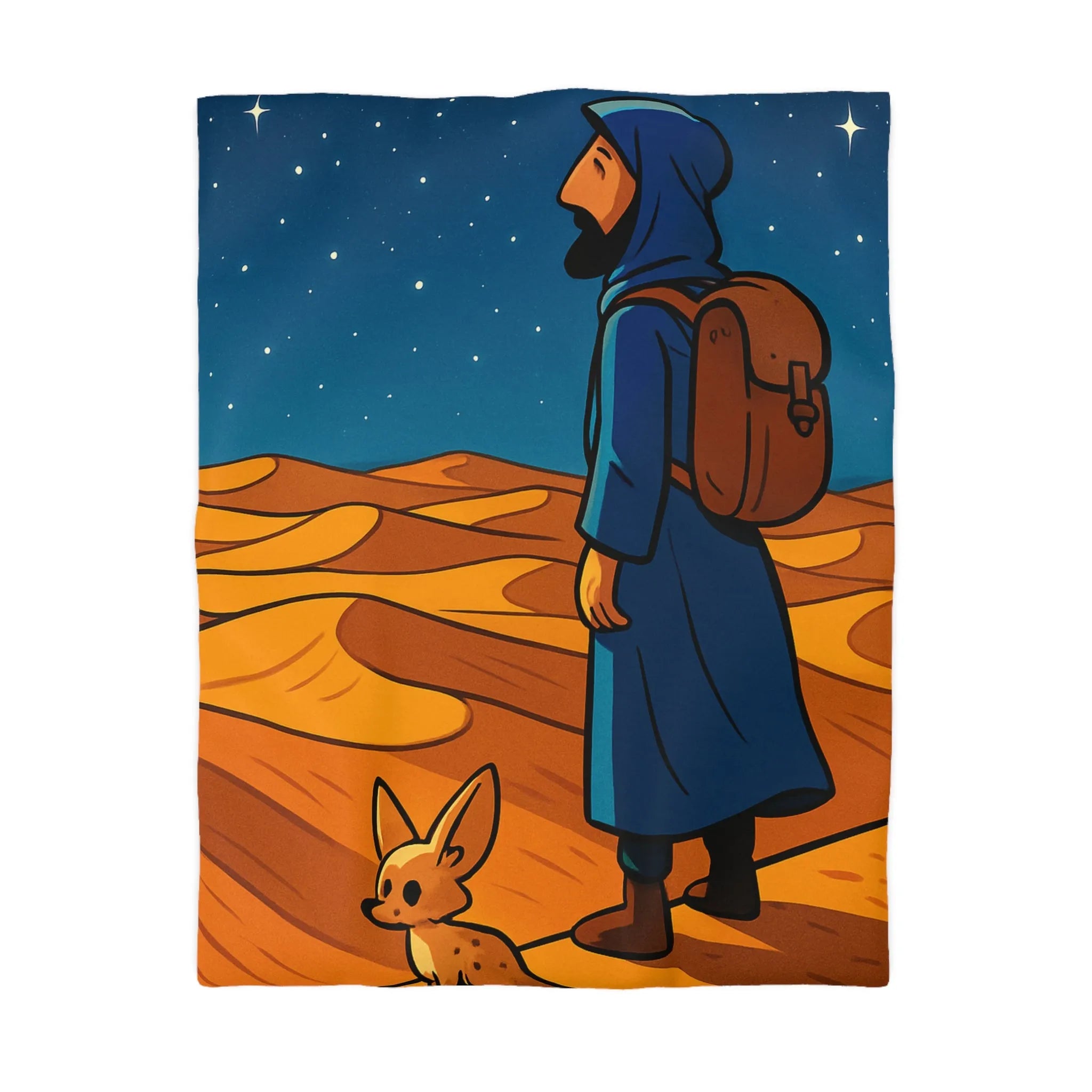 Housse de Couette Désert Nocturne Nomade Bleu Étoilé et Renard des Sables Enchanté