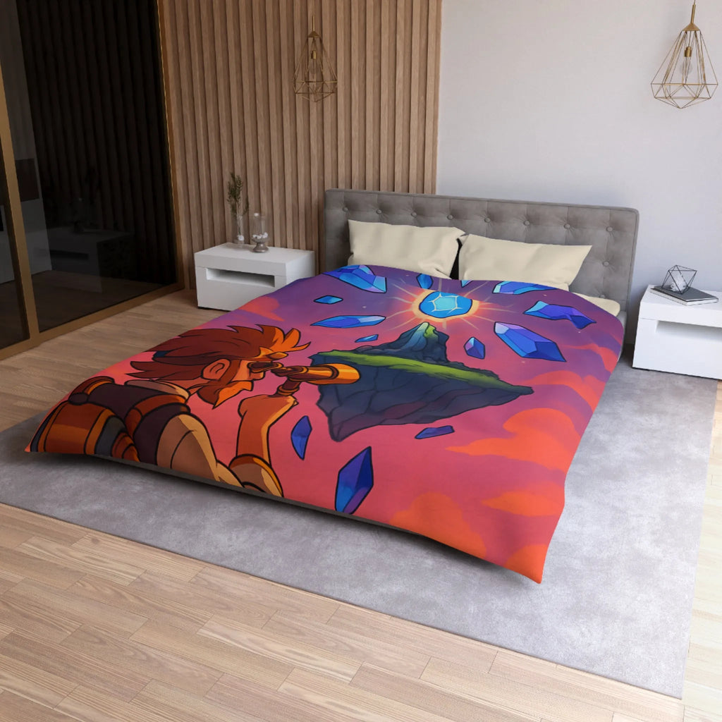 Housse de couette aventure fantastique avec cristaux flottants et scientifique explorateur