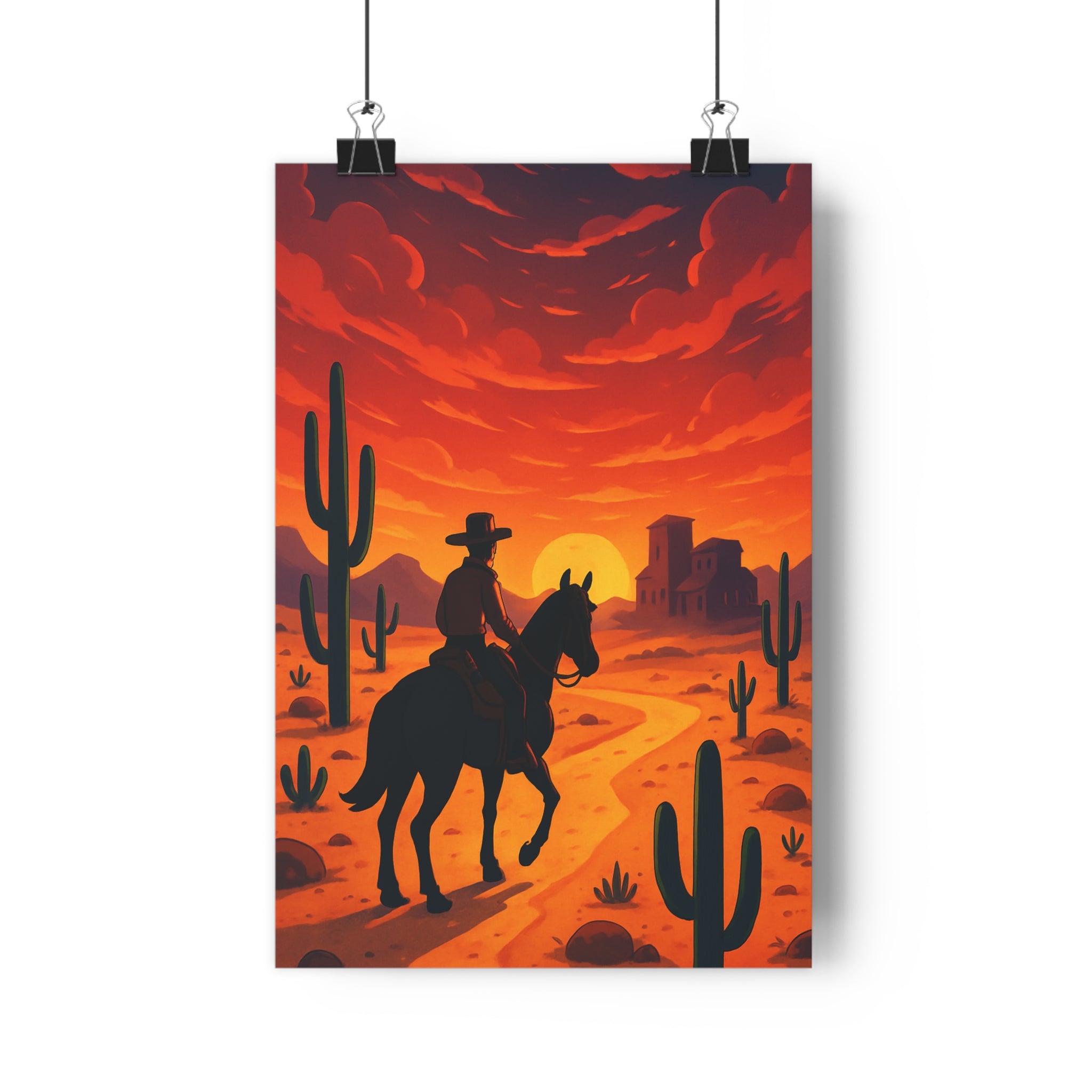 Poster décoratif vintage cowboy coucher soleil désert aventure nostalgique salon chambre ambiance apaisante qualité