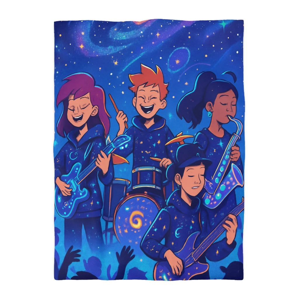 Housse de couette cosmos animée avec jeunes musiciens et instruments lumineux