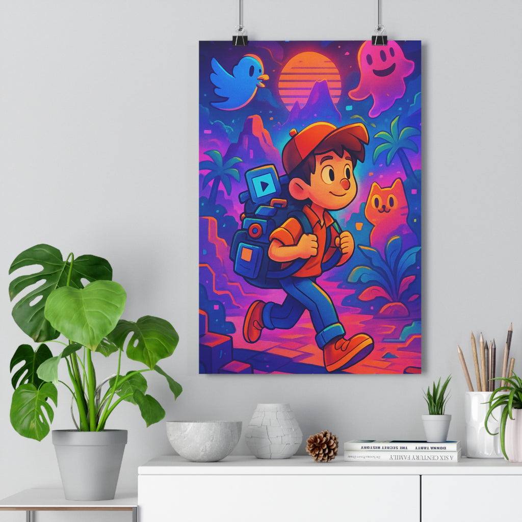 Poster décoratif animé bleu rose orange aventure numérique chambre enfant créatif moderne dynamique 30x46