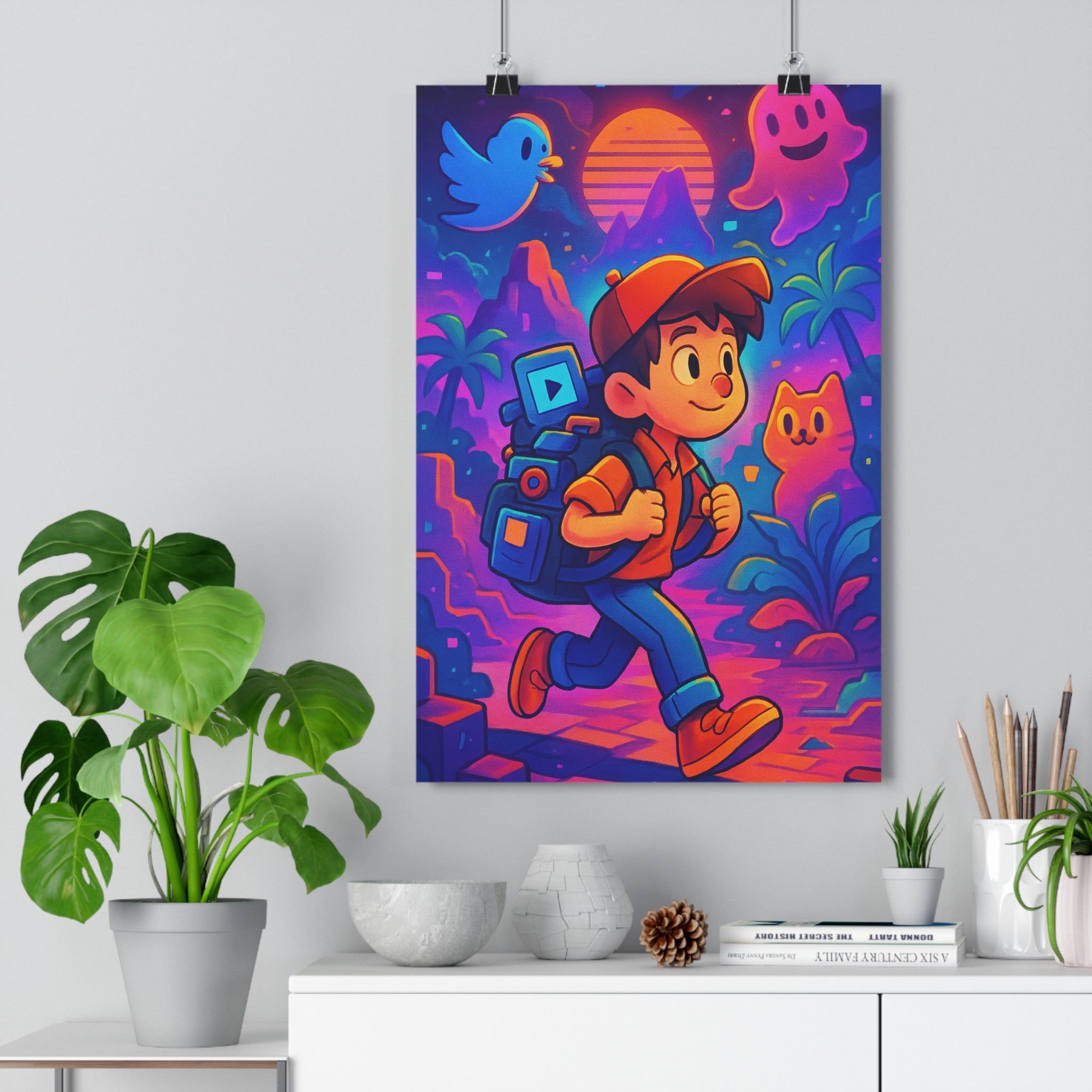 Poster décoratif animé bleu rose orange aventure numérique chambre enfant créatif moderne dynamique 30x46