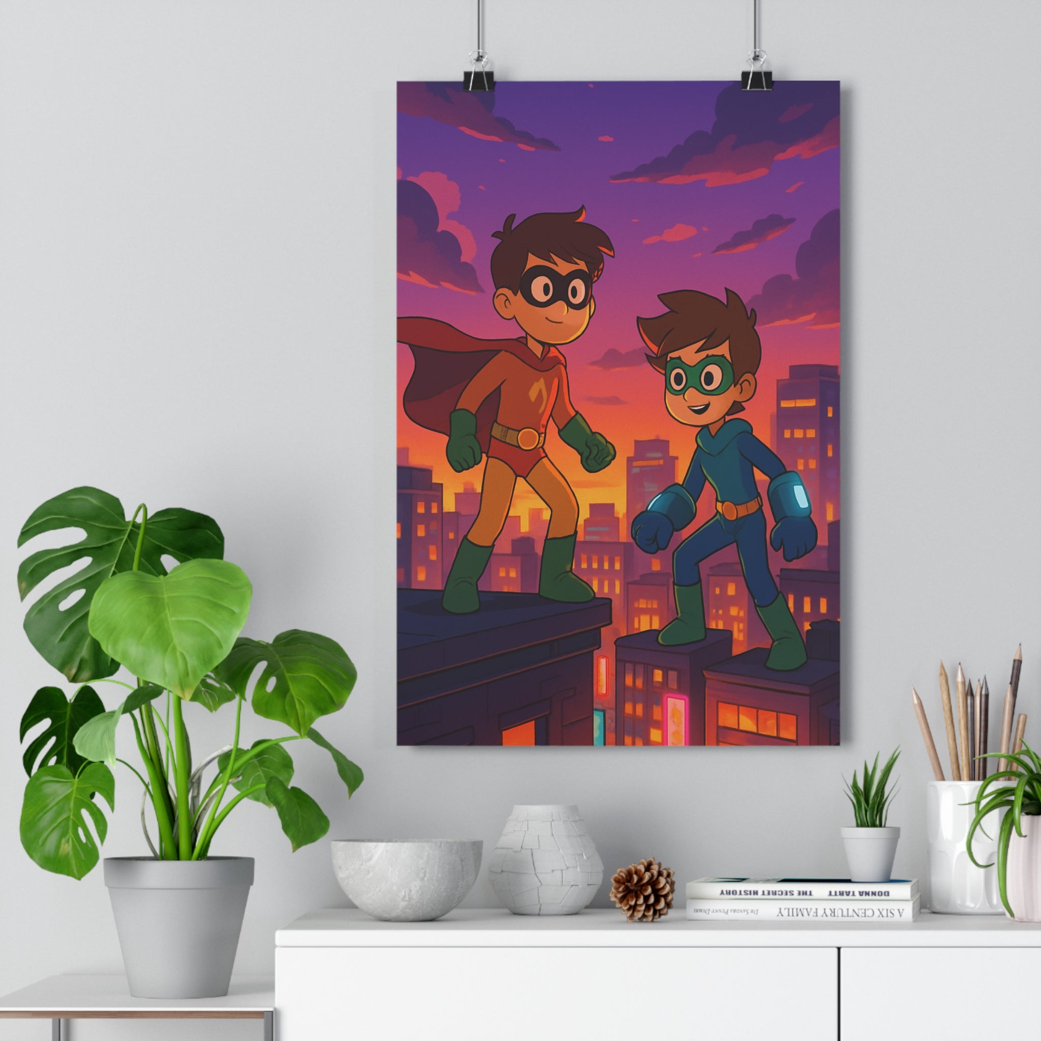 Poster décoratif superhéros urbain coloré dessin animé vintage nostalgique aventure chambre enfant mural style