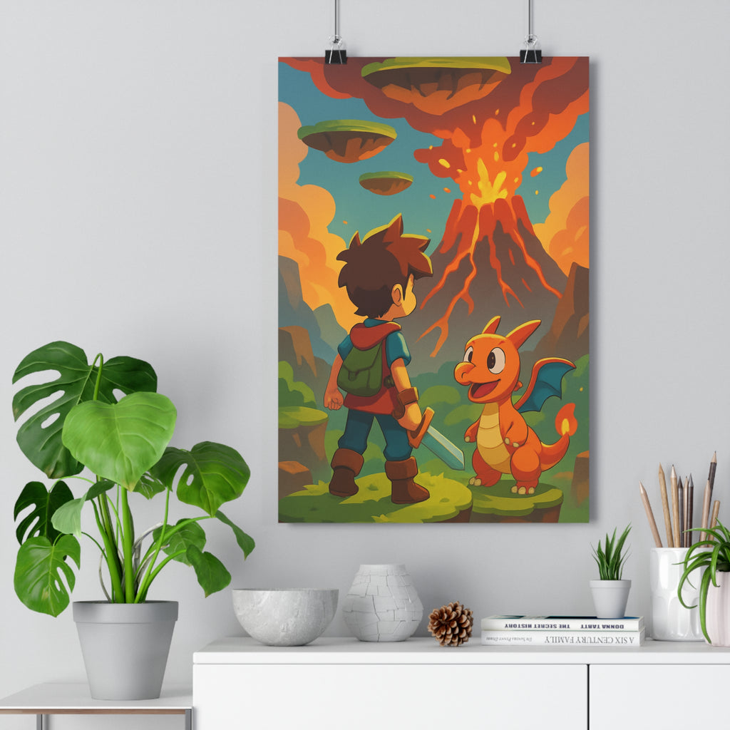 Poster décoratif aventure épée dragon rouge orange vibrant enfant chambre dynamique moderne art design