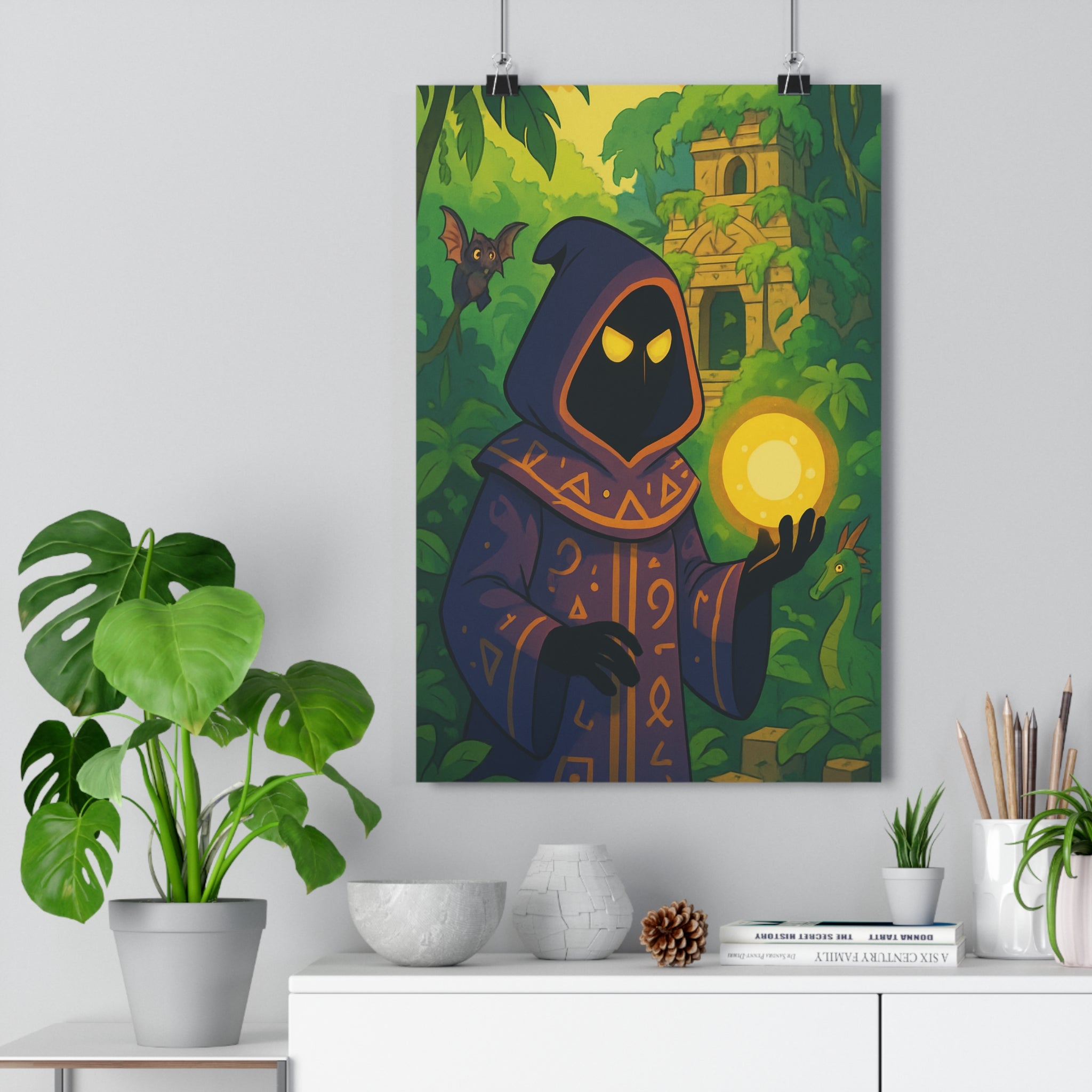 Poster décoratif anime violet doré mystique bureau salon jungle personnage créature sphère temple 30x46