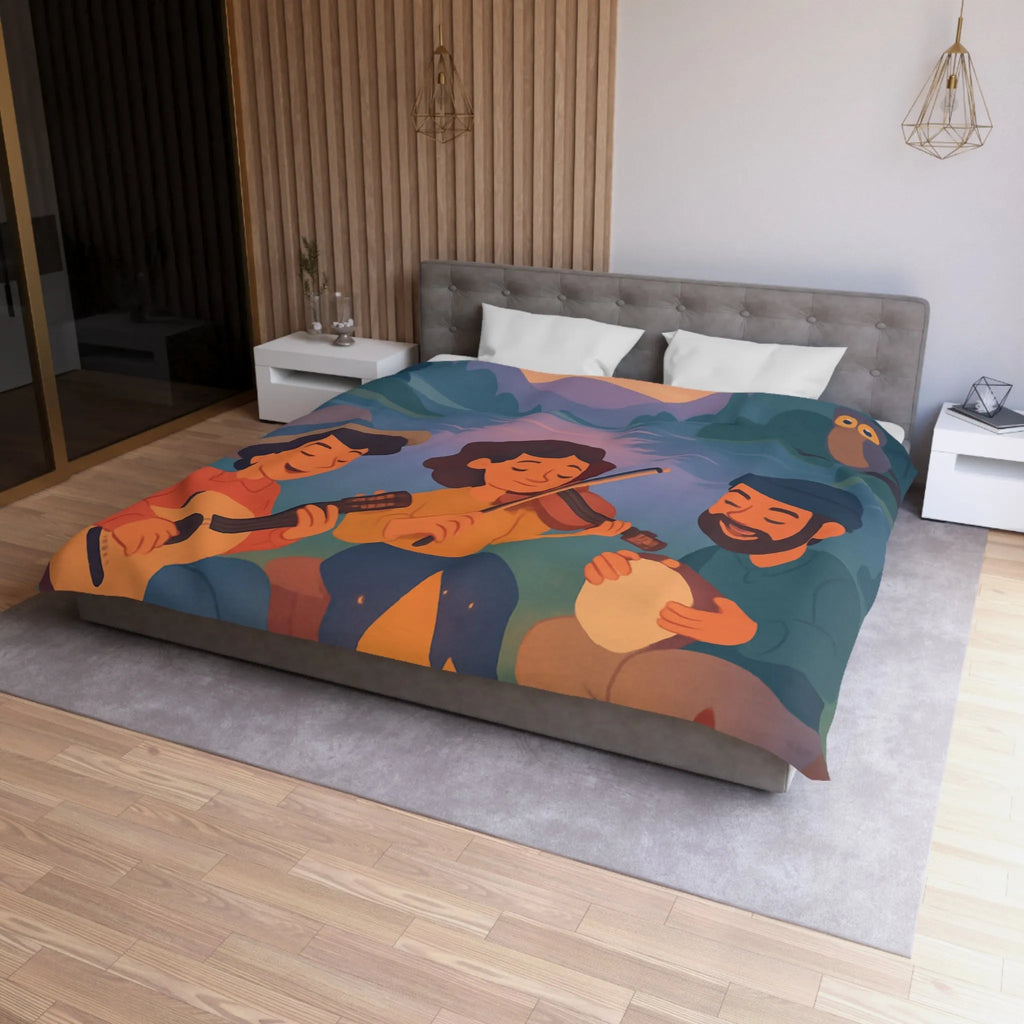 Housse de Couette avec Musiciens et Animaux Près du Feu de Camp au Crépuscule