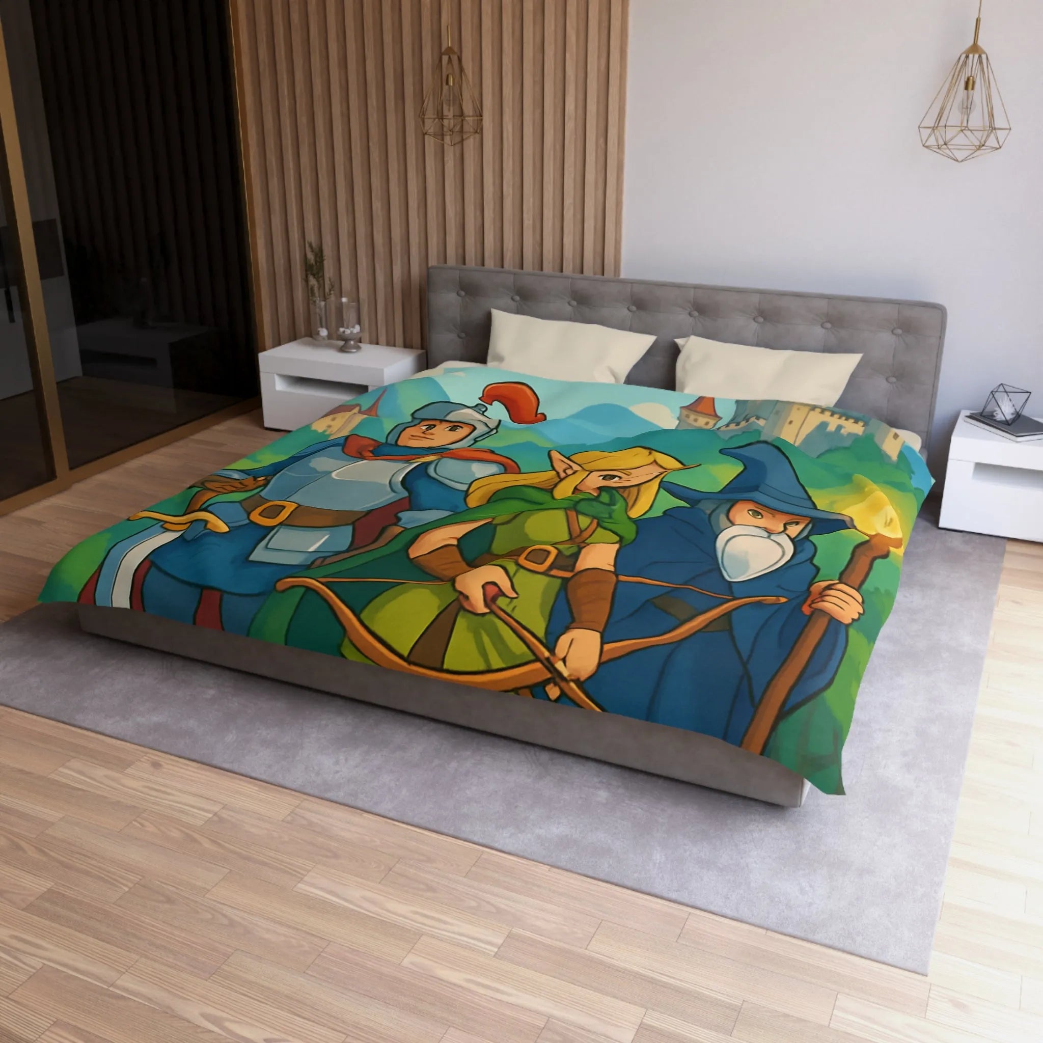 Housse de Couette Fantasy avec Chevalier, Archer Elf, Magicien, Château et Dragons