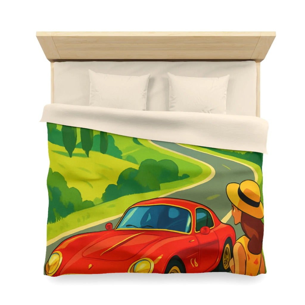 Housse de Couette Colorée avec Paysage Champêtre, Route Sinueuse et Voiture Rouge
