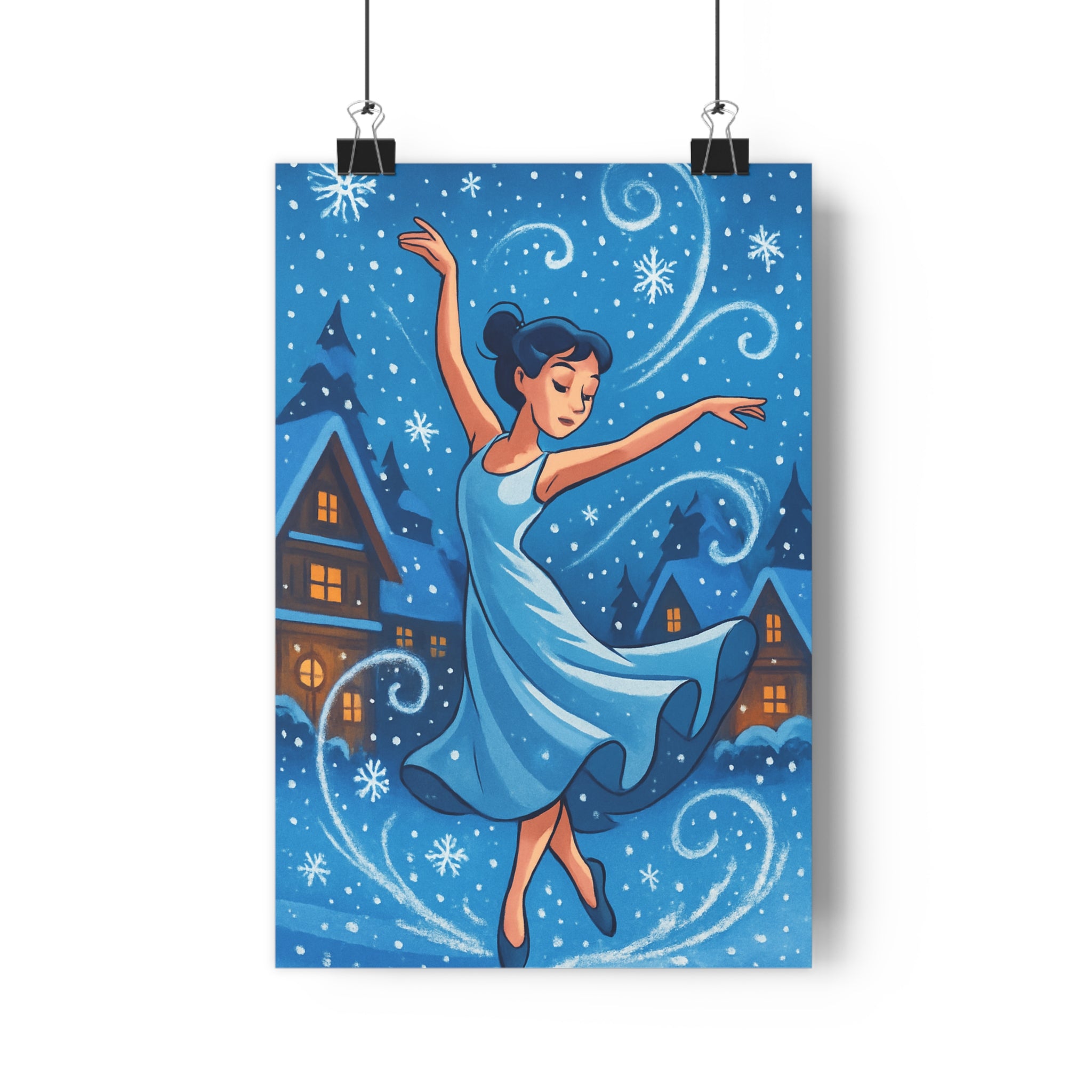 Poster décoratif danseuse gracieuse neige bleu blanc artistique fluide ambiance hivernale apaisante salon chambre