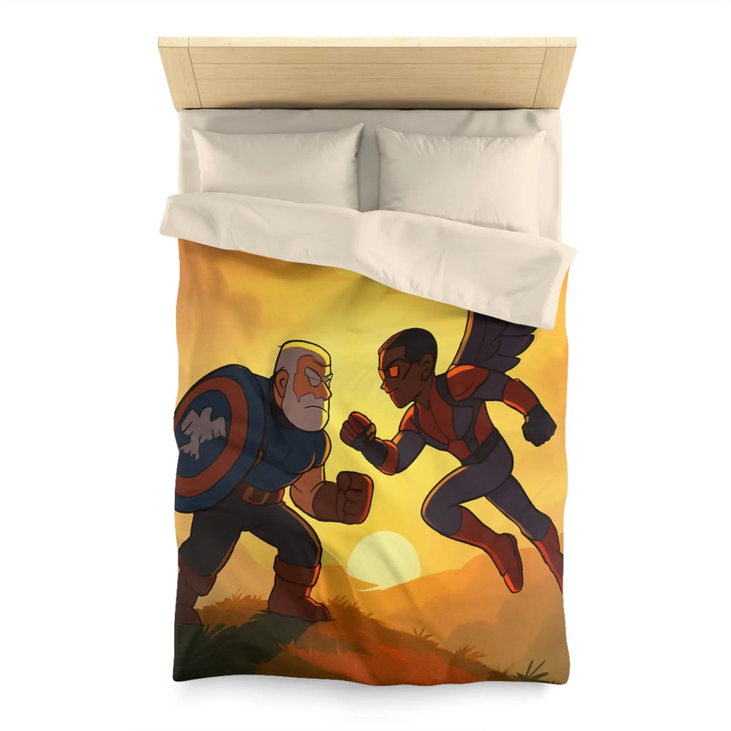 Housse de couette épique avec scène de combat héroïque au coucher du soleil