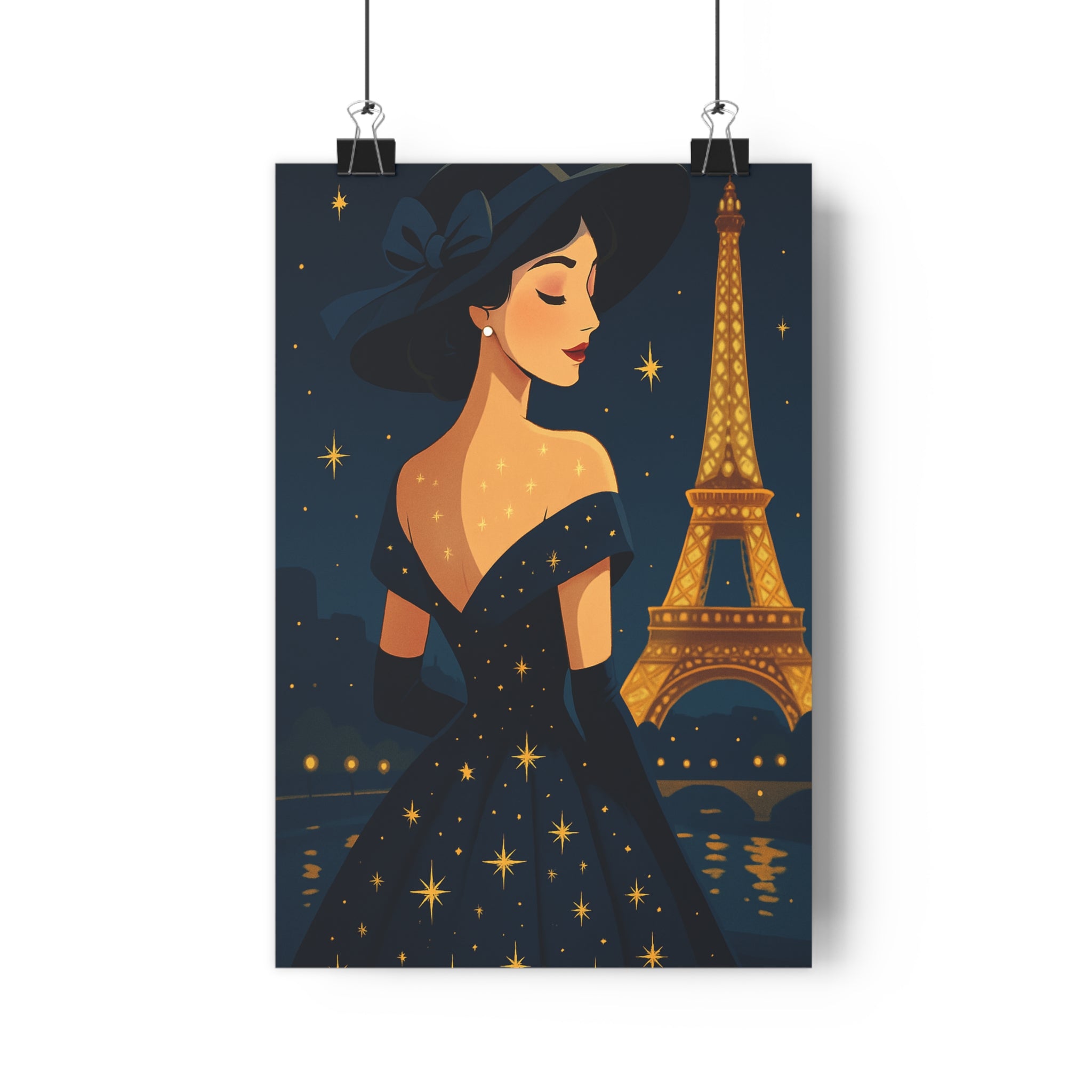 Poster décoratif femme étoilée dessin animé chic élégant bleu nuit étoile dorée tour Eiffel