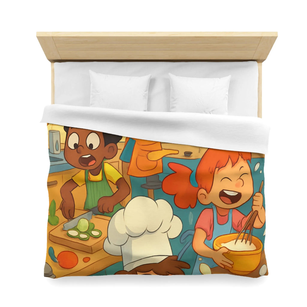 Housse de couette illustrée cuisine enfants joyeux couleurs vives spatule éclaboussures légumes