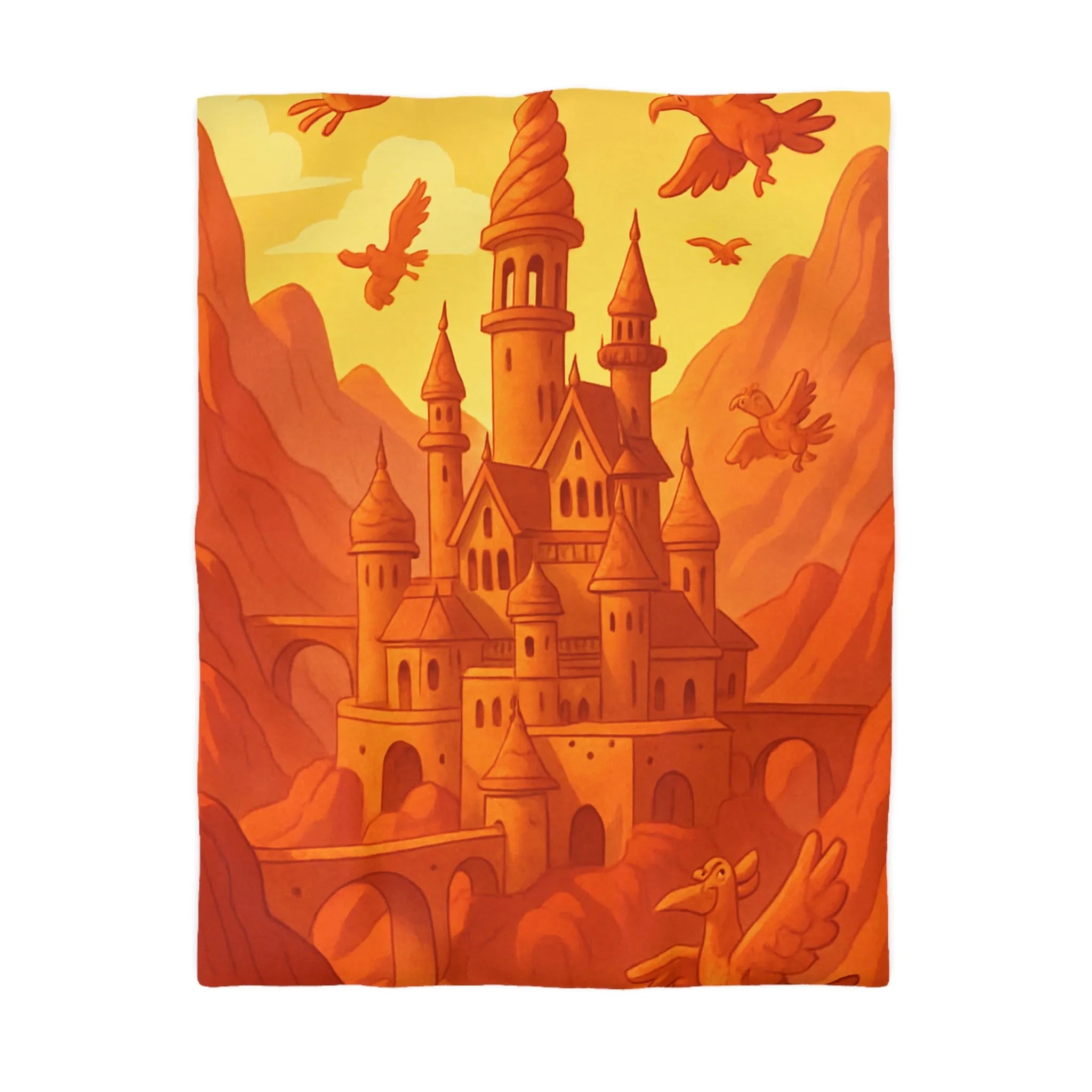 Housse de couette château féerique orange oiseaux volants paysage montagneux unique